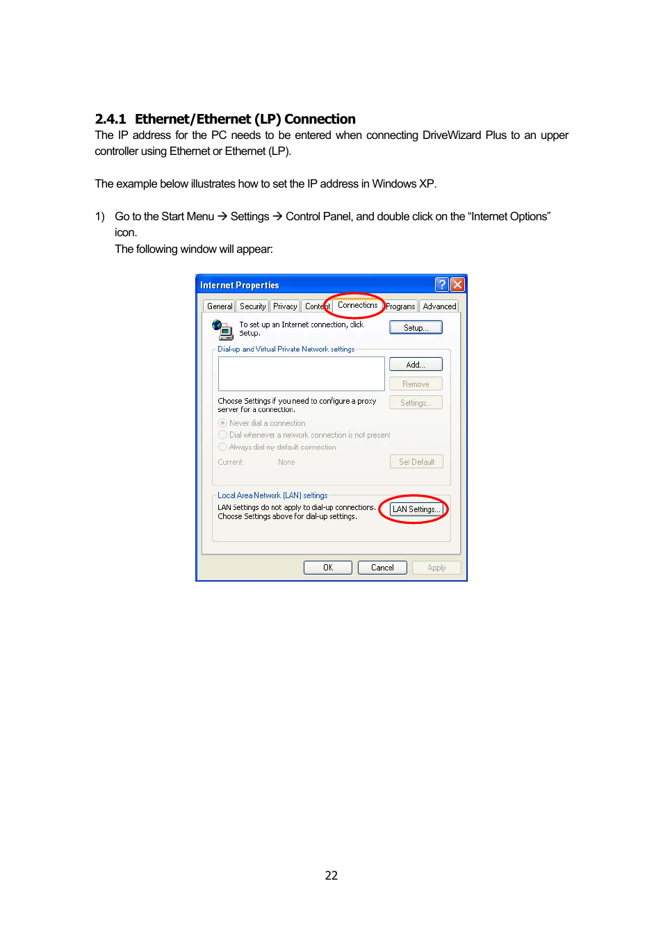 1 ethernet/ethernet (lp) connection, Ethernet/ethernet (lp) connection | Yaskawa DriveWizard Plus User Manual | Page 22 / 198