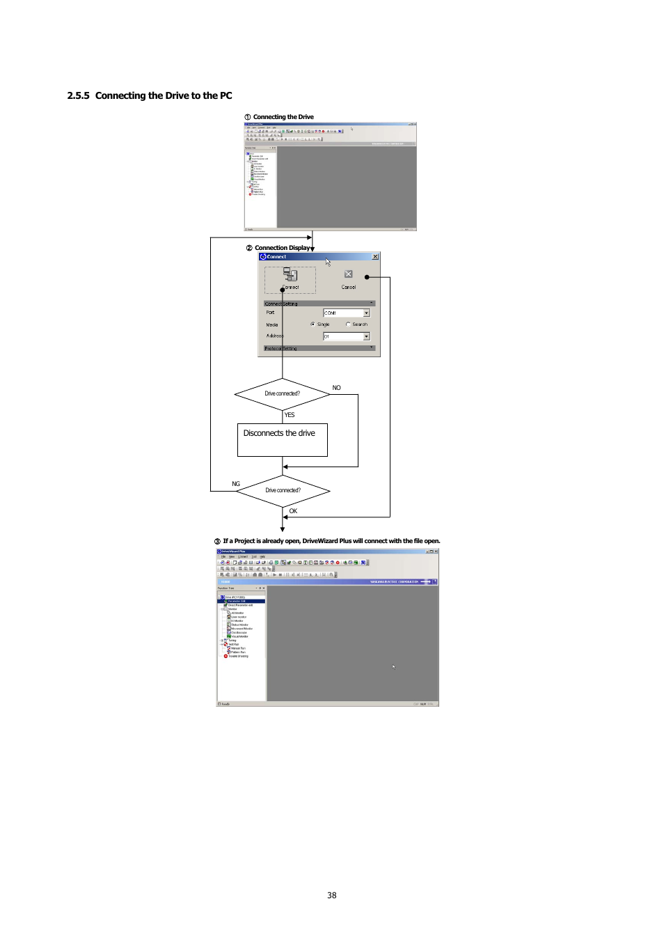 5 connecting the drive to the pc, Connecting the drive to the pc | Yaskawa DriveWizard Plus User Manual | Page 38 / 198