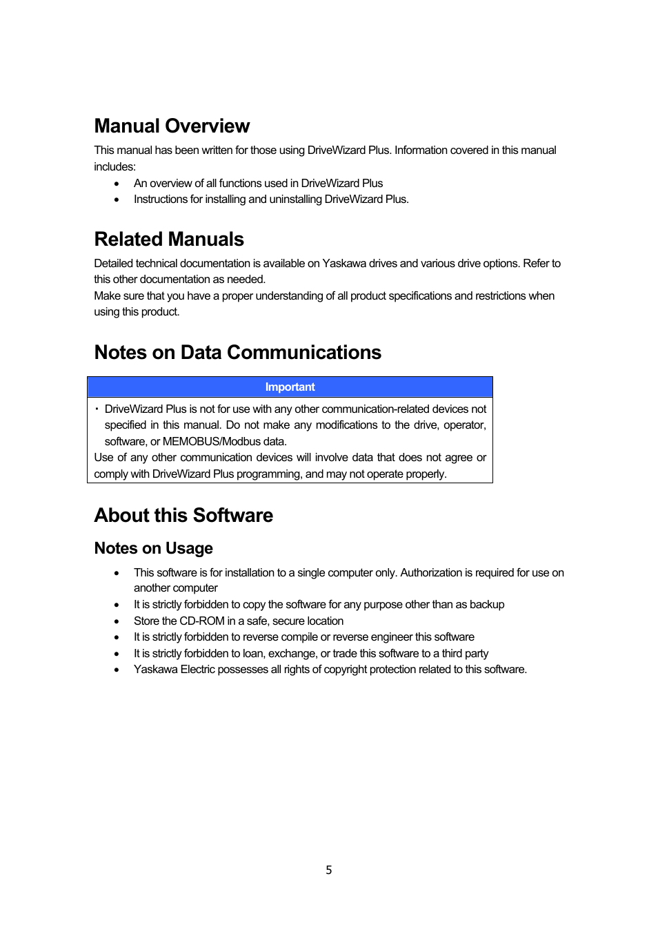 Manual overview, Related manuals, Notes on data communications | About this software | Yaskawa DriveWizard Plus User Manual | Page 5 / 198