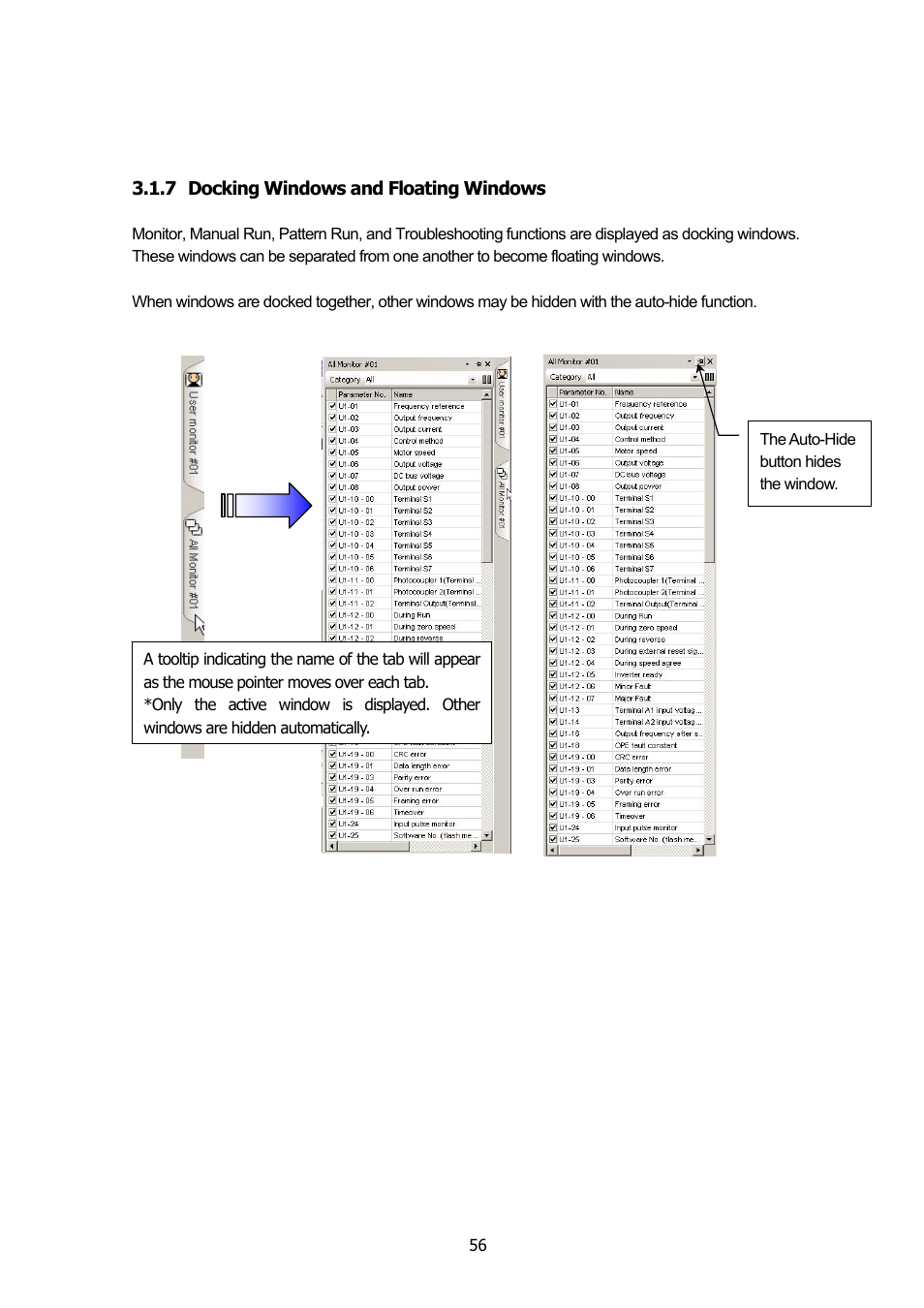 7 docking windows and floating windows, Docking windows and floating windows | Yaskawa DriveWizard Plus User Manual | Page 56 / 198