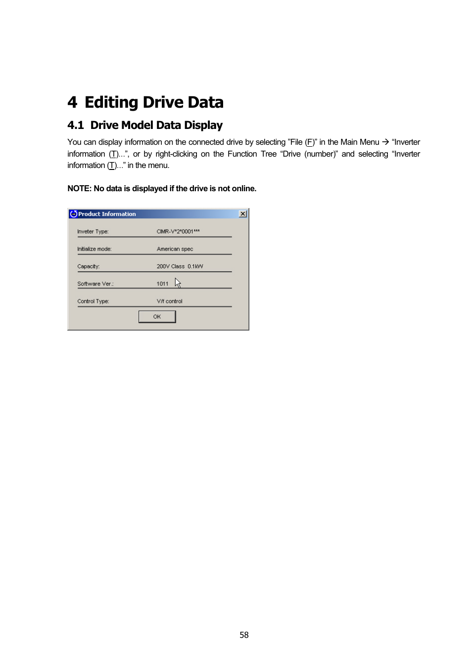 4 editing drive data, 1 drive model data display, Editing drive data | Drive model data display | Yaskawa DriveWizard Plus User Manual | Page 58 / 198