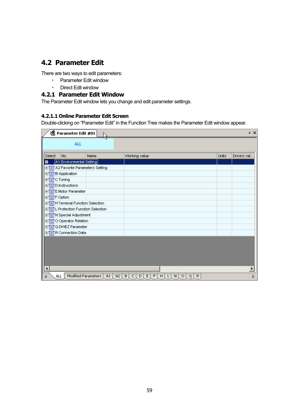 2 parameter edit, 1 parameter edit window, Parameter edit | Parameter edit window | Yaskawa DriveWizard Plus User Manual | Page 59 / 198