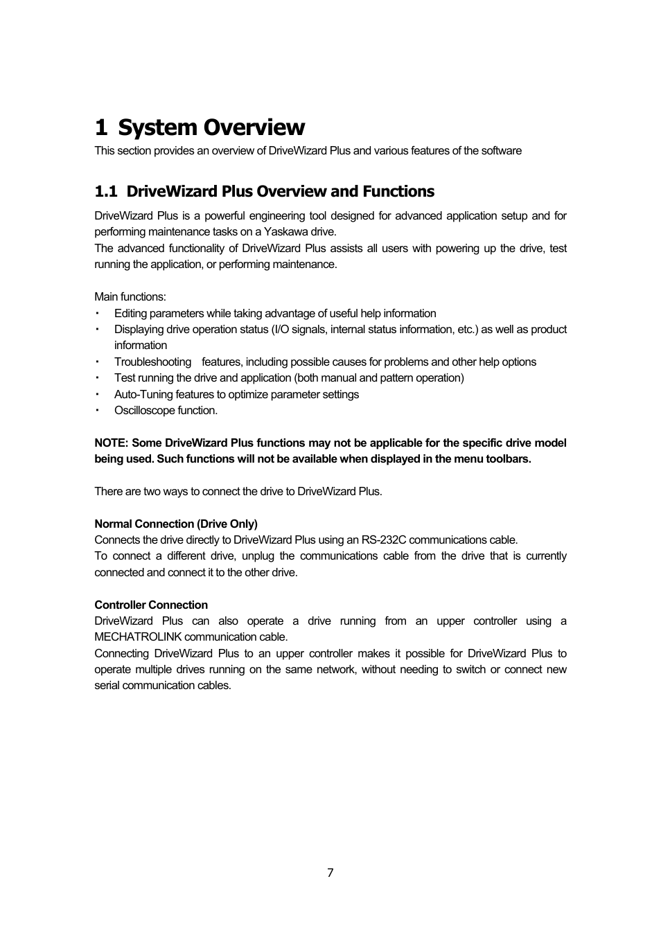 1 system overview, 1 drivewizard plus overview and functions, System overview | Drivewizard plus overview and functions | Yaskawa DriveWizard Plus User Manual | Page 7 / 198