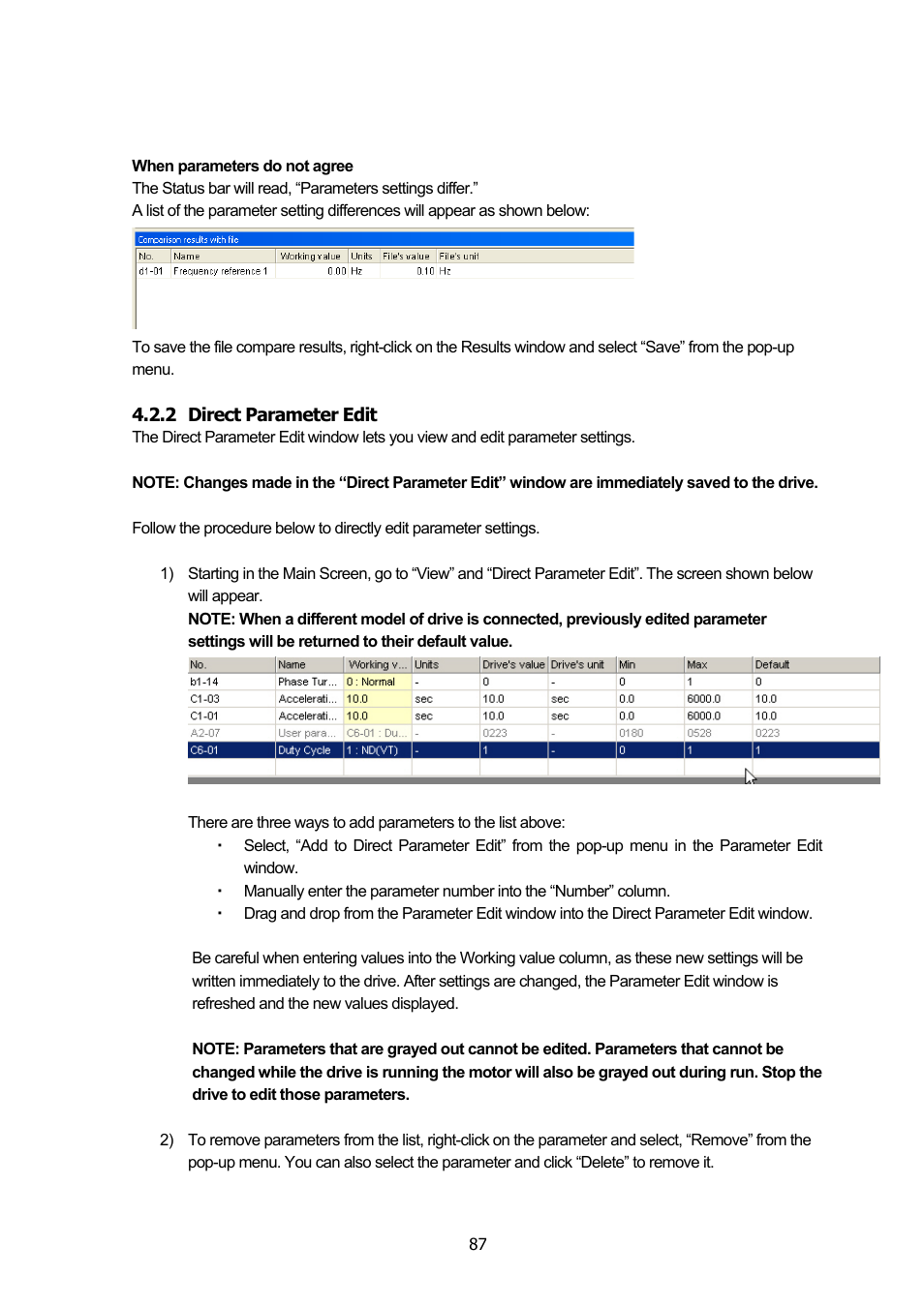 2 direct parameter edit, Direct parameter edit | Yaskawa DriveWizard Plus User Manual | Page 87 / 198