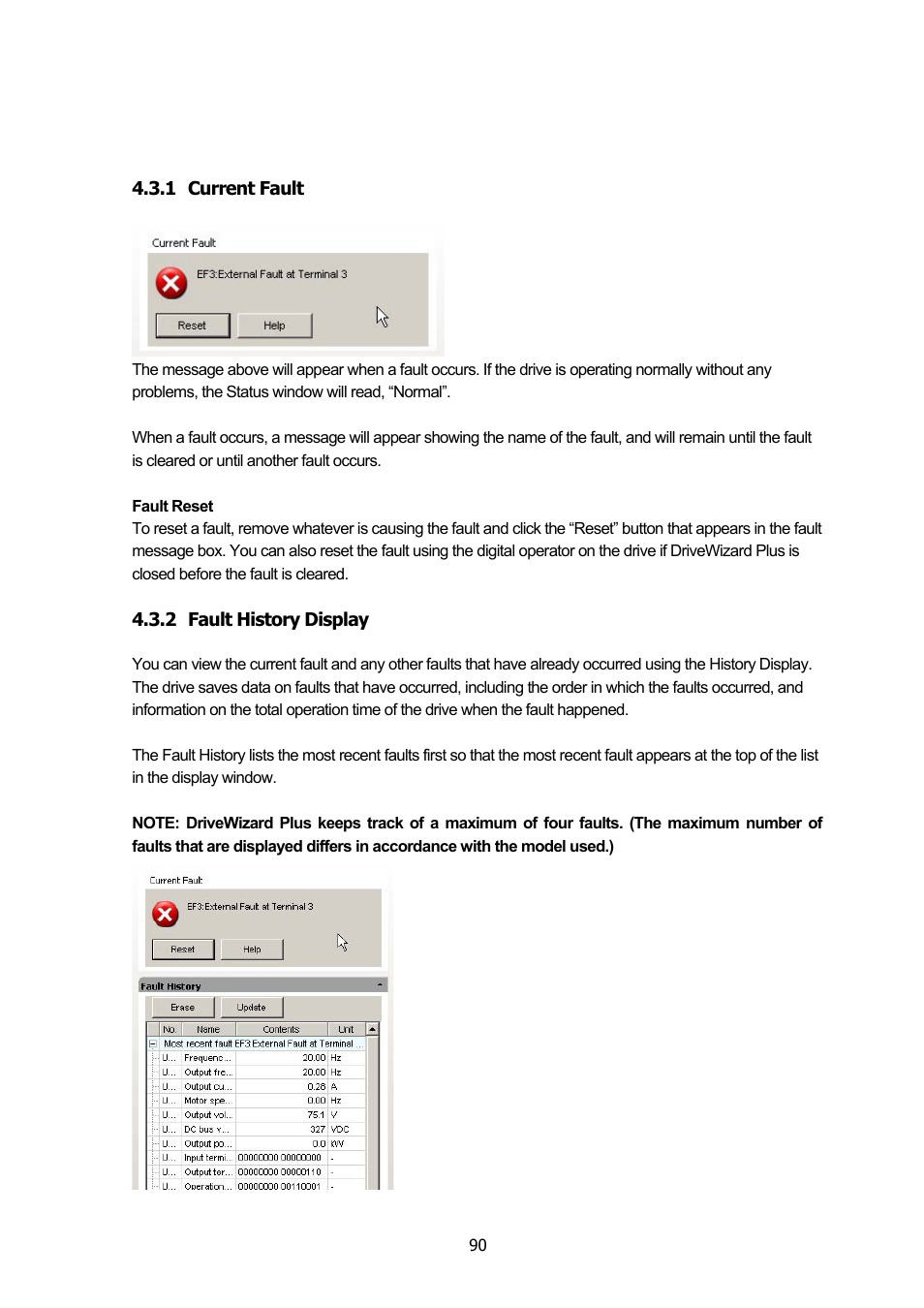 1 current fault, 2 fault history display, Current fault | Fault history display | Yaskawa DriveWizard Plus User Manual | Page 90 / 198