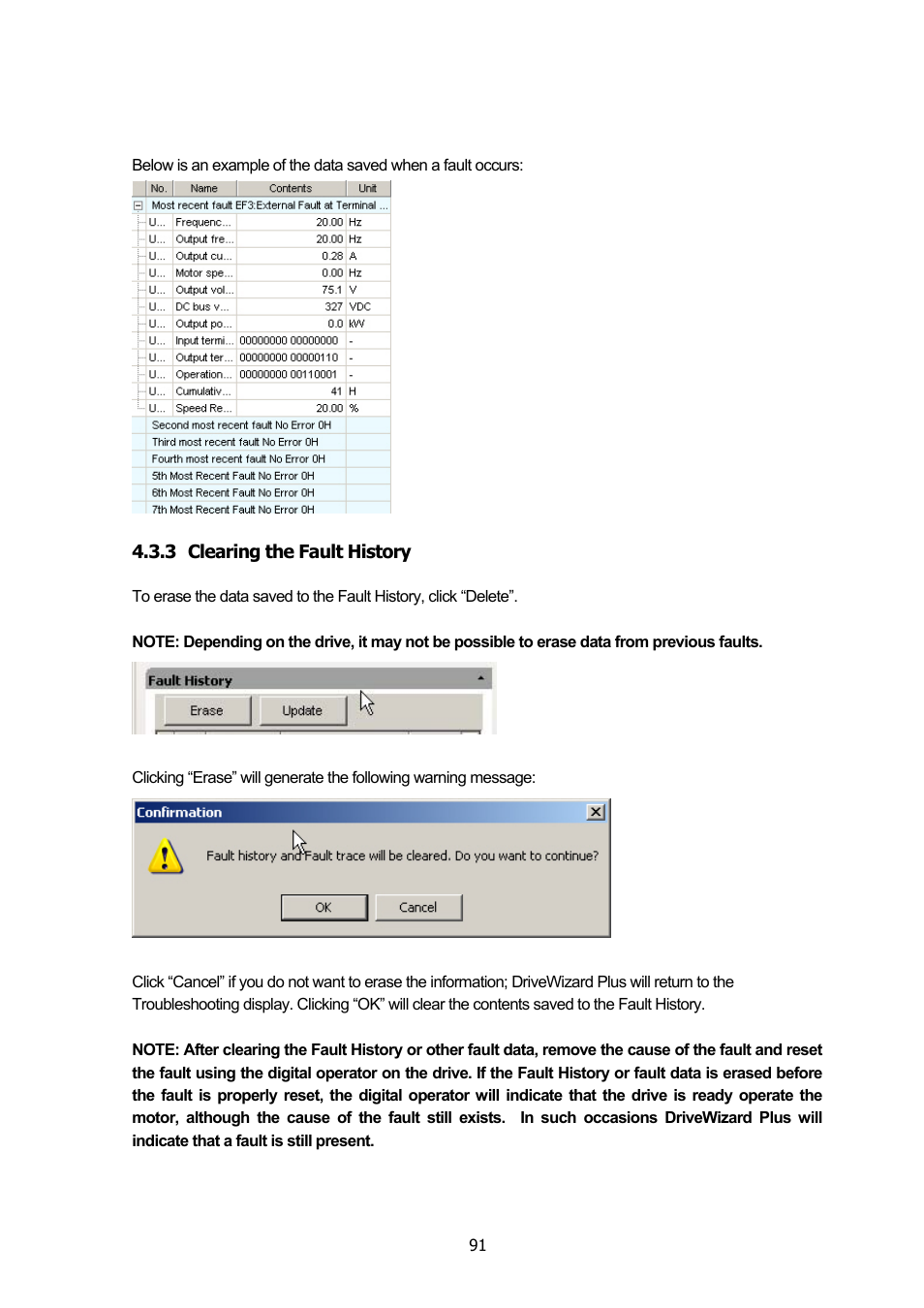 3 clearing the fault history, Clearing the fault history | Yaskawa DriveWizard Plus User Manual | Page 91 / 198