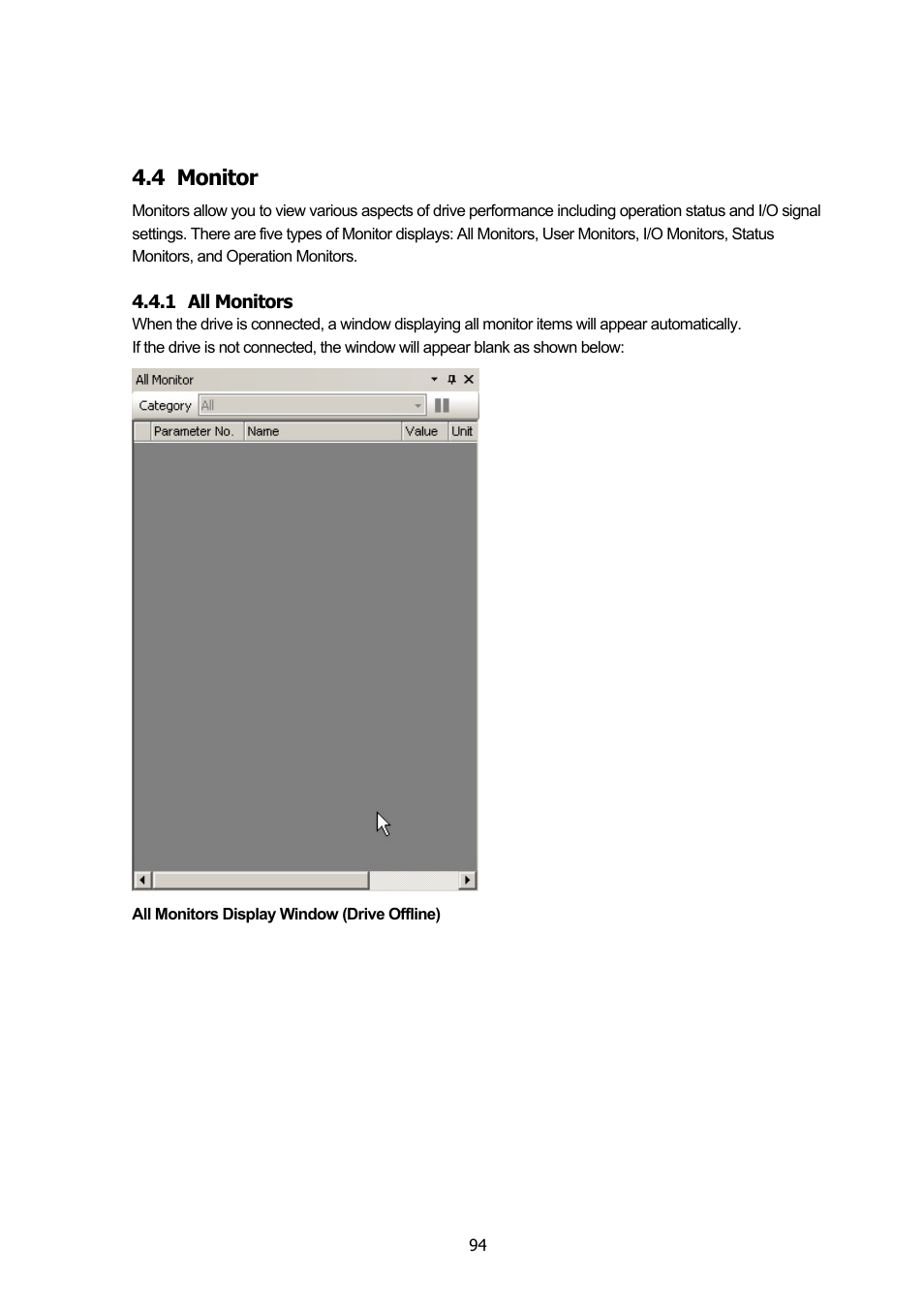 4 monitor, 1 all monitors, Monitor | All monitors | Yaskawa DriveWizard Plus User Manual | Page 94 / 198