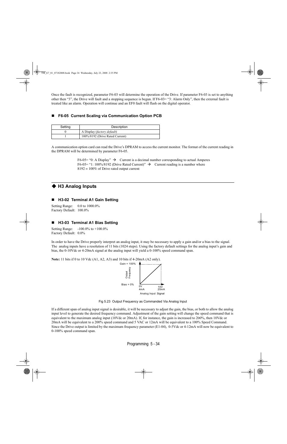 H3 analog inputs -34, H3 analog inputs, Programming 5 - 34 | Yaskawa E7 Drive User Manual User Manual | Page 108 / 244