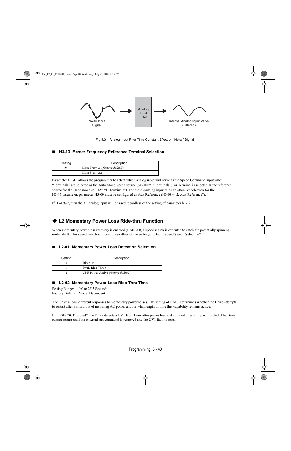 L2 momentary power loss ride-thru function -40, L2 momentary power loss ride-thru function | Yaskawa E7 Drive User Manual User Manual | Page 114 / 244