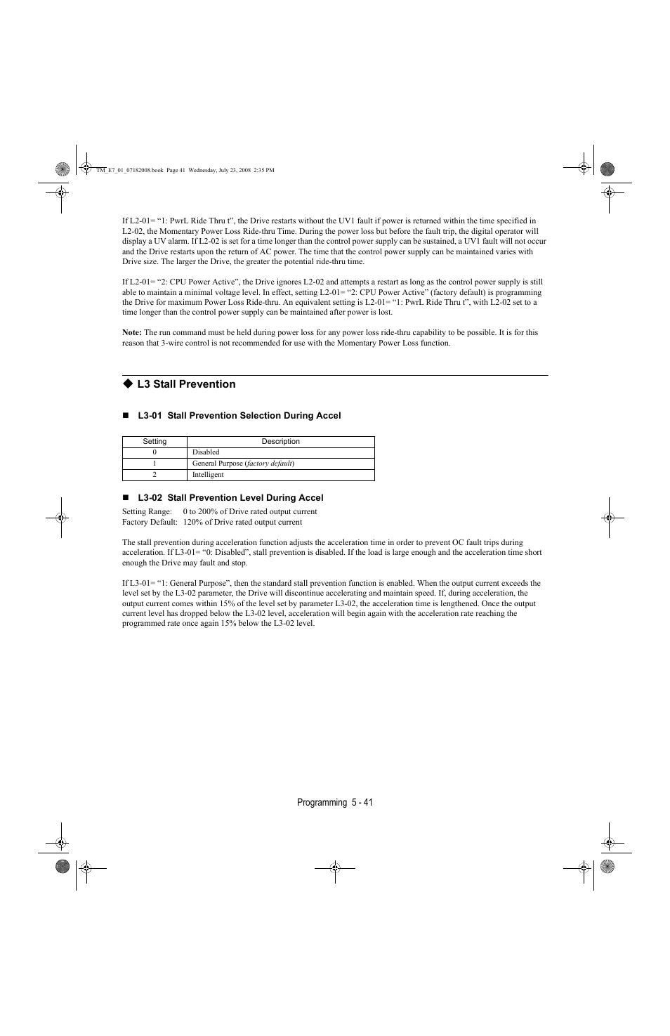 L3 stall prevention -41, L3 stall prevention | Yaskawa E7 Drive User Manual User Manual | Page 115 / 244