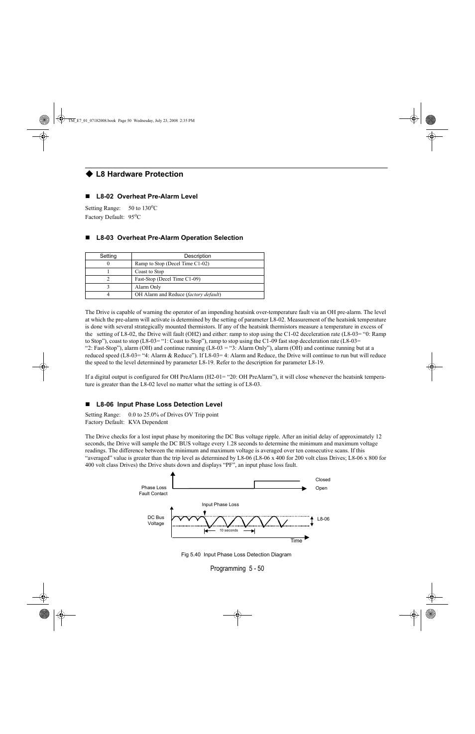 L8 hardware protection -50, L8 hardware protection | Yaskawa E7 Drive User Manual User Manual | Page 124 / 244