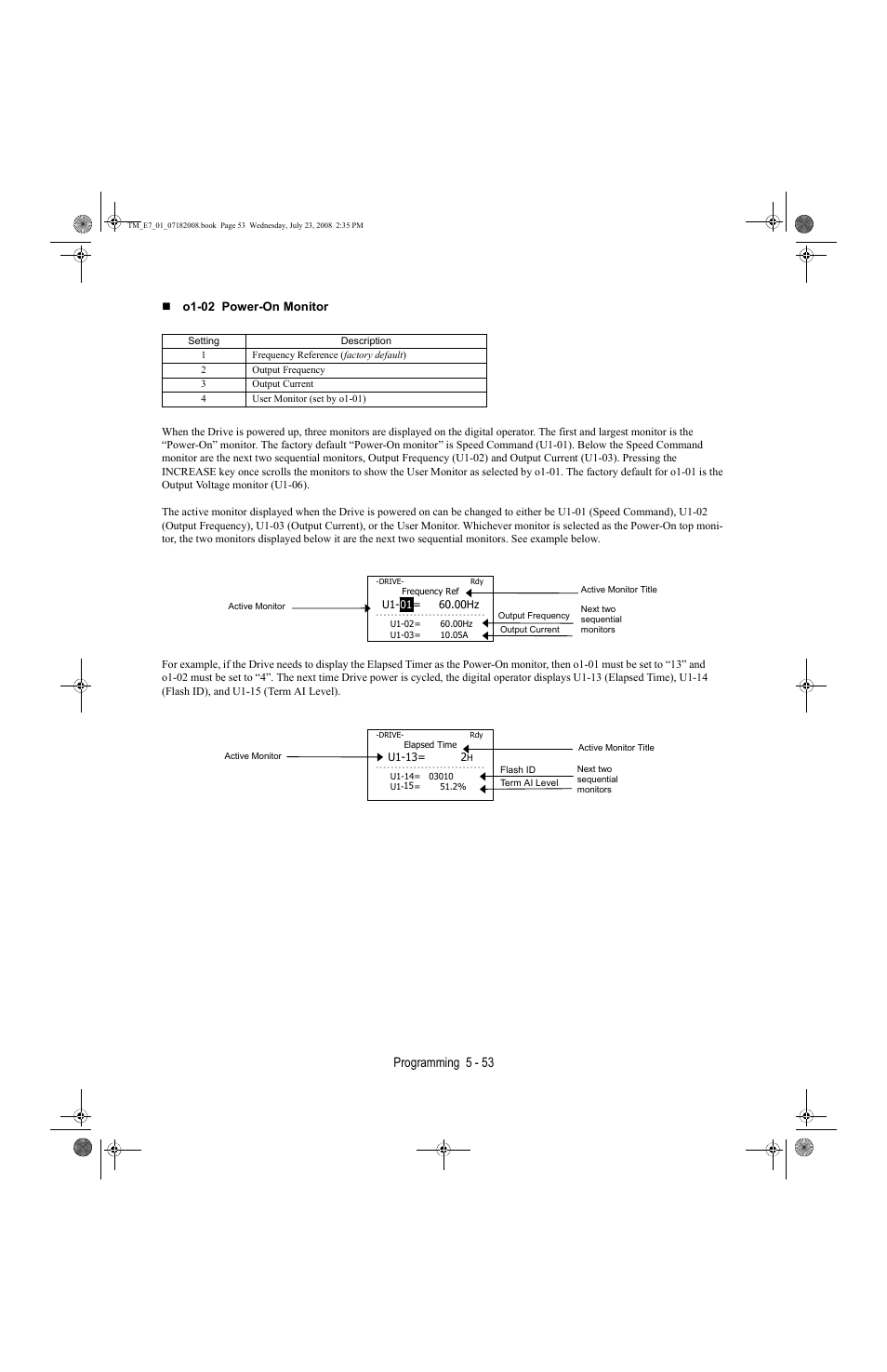 Programming 5 - 53 | Yaskawa E7 Drive User Manual User Manual | Page 127 / 244