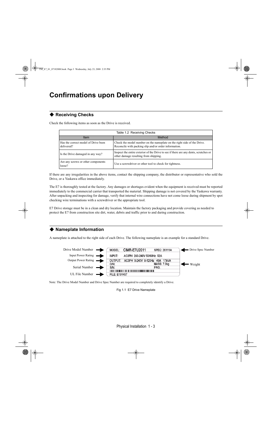 Confirmations upon delivery, Confirmations upon delivery -3, Receiving checks | Nameplate information | Yaskawa E7 Drive User Manual User Manual | Page 13 / 244