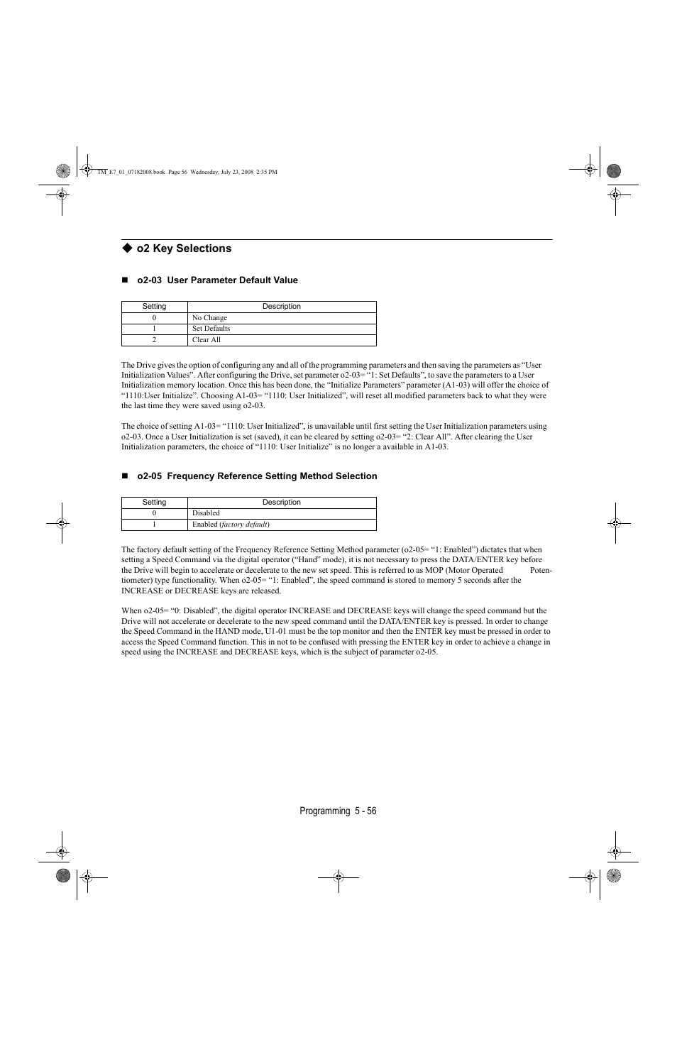 O2 key selections -56, O2 key selections | Yaskawa E7 Drive User Manual User Manual | Page 130 / 244