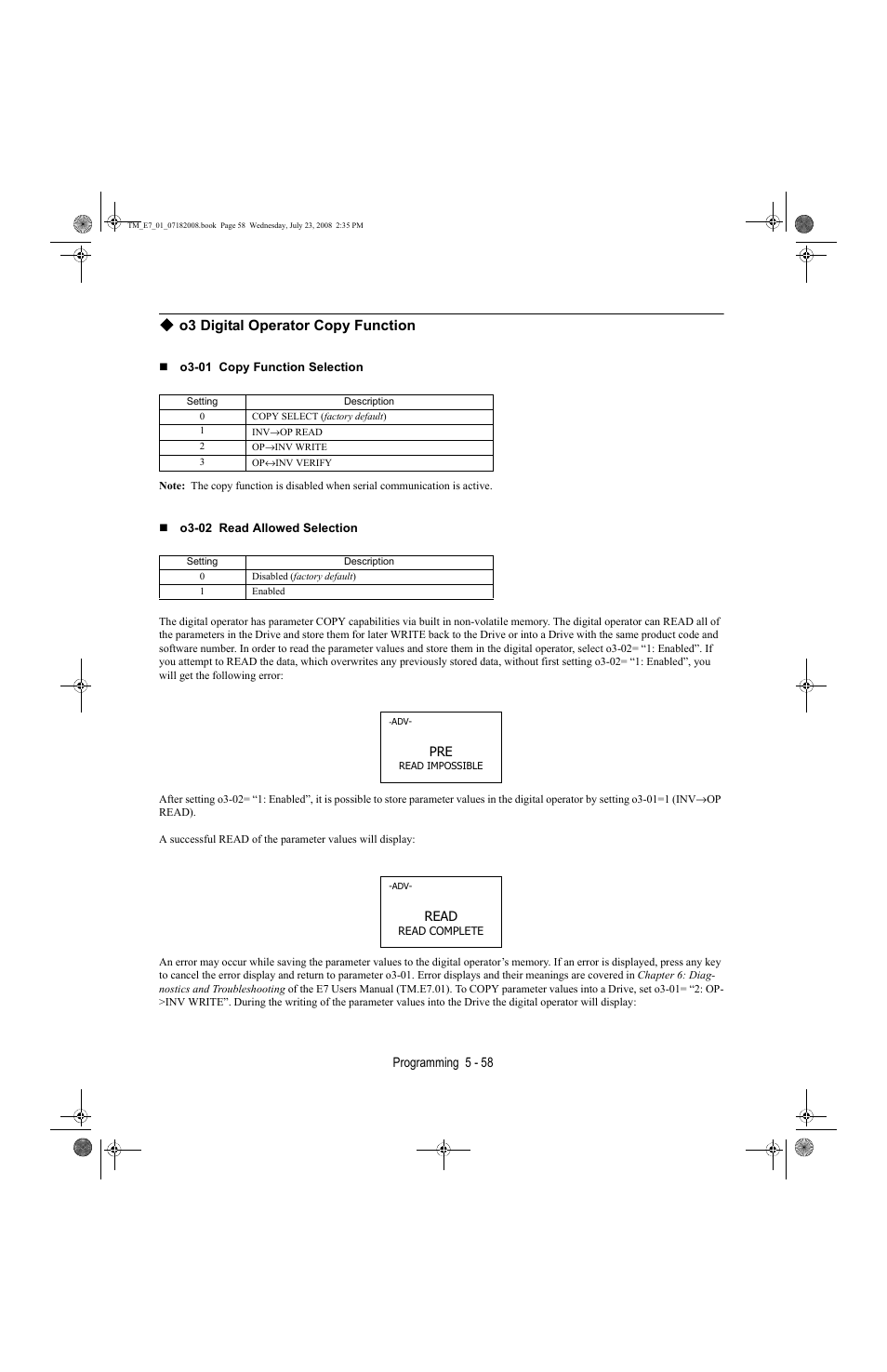 O3 digital operator copy function -58, O3 digital operator copy function | Yaskawa E7 Drive User Manual User Manual | Page 132 / 244