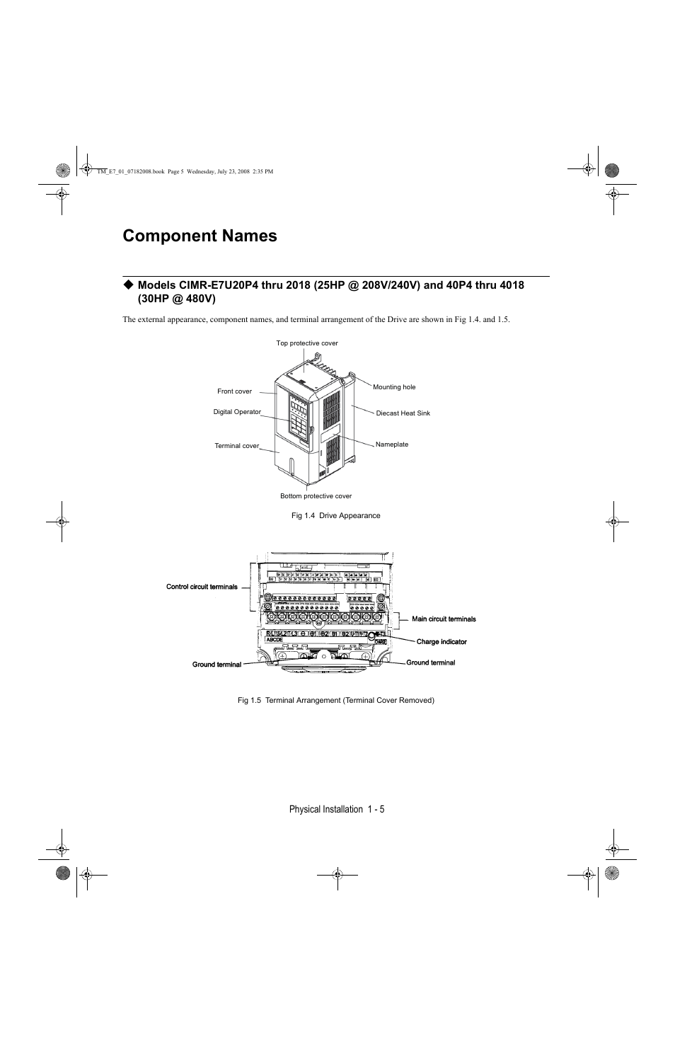 Component names, Component names -5, Physical installation 1 - 5 | Yaskawa E7 Drive User Manual User Manual | Page 15 / 244