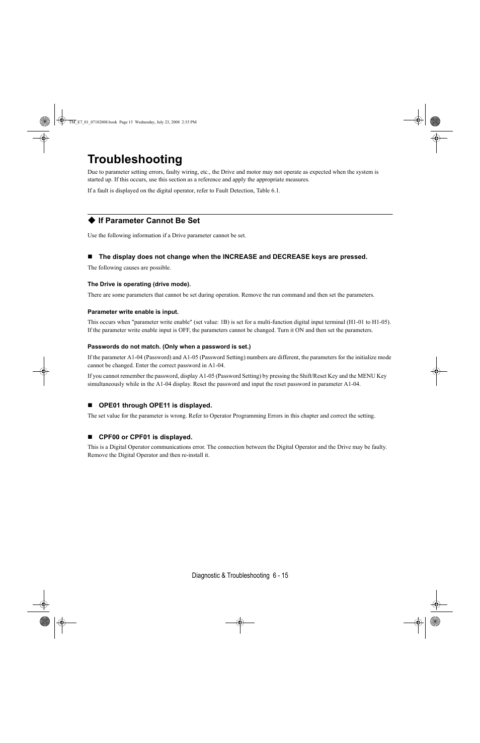 Troubleshooting, Troubleshooting -15 | Yaskawa E7 Drive User Manual User Manual | Page 151 / 244