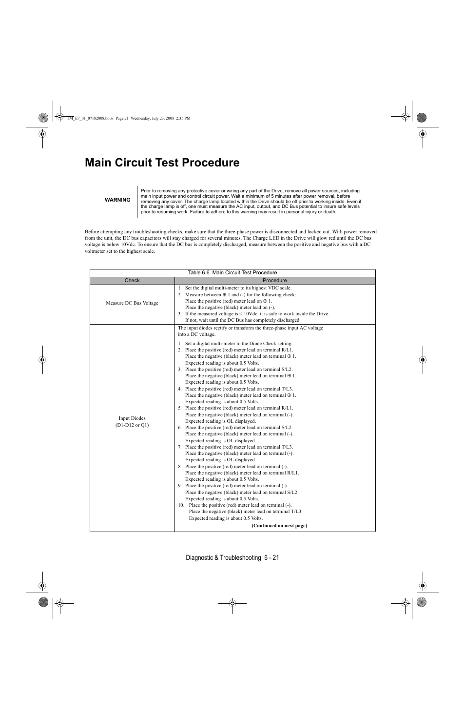 Main circuit test procedure, Main circuit test procedure -21, Diagnostic & troubleshooting 6 - 21 | Yaskawa E7 Drive User Manual User Manual | Page 157 / 244