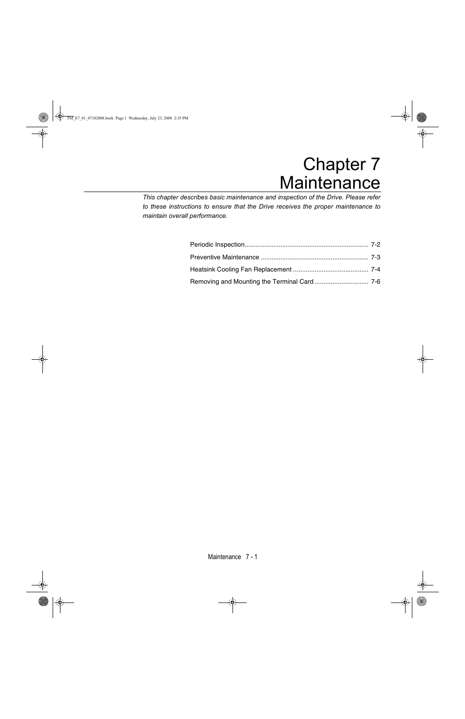 Maintenance, Chapter 7 - maintenance -1, Chapter 7 maintenance | Yaskawa E7 Drive User Manual User Manual | Page 163 / 244