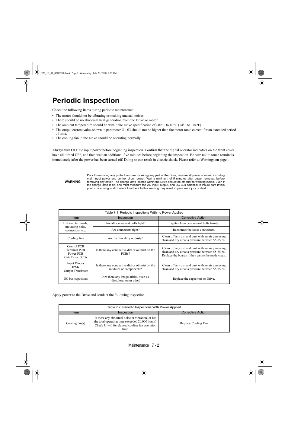 Periodic inspection, Periodic inspection -2, Maintenance 7 - 2 | Yaskawa E7 Drive User Manual User Manual | Page 164 / 244