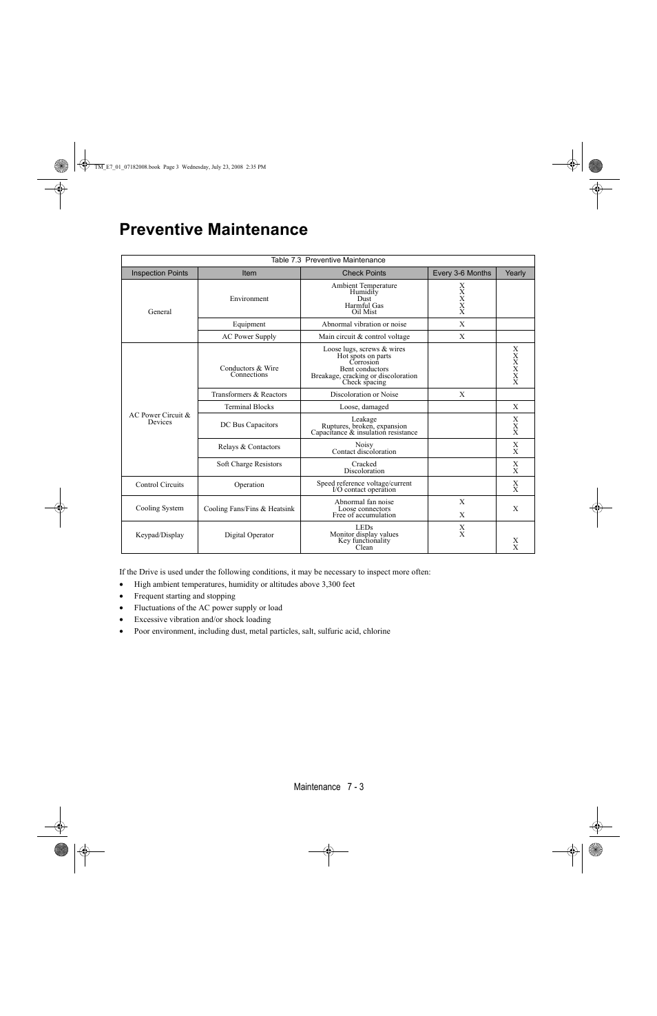 Preventive maintenance, Preventive maintenance -3, Maintenance 7 - 3 | Yaskawa E7 Drive User Manual User Manual | Page 165 / 244