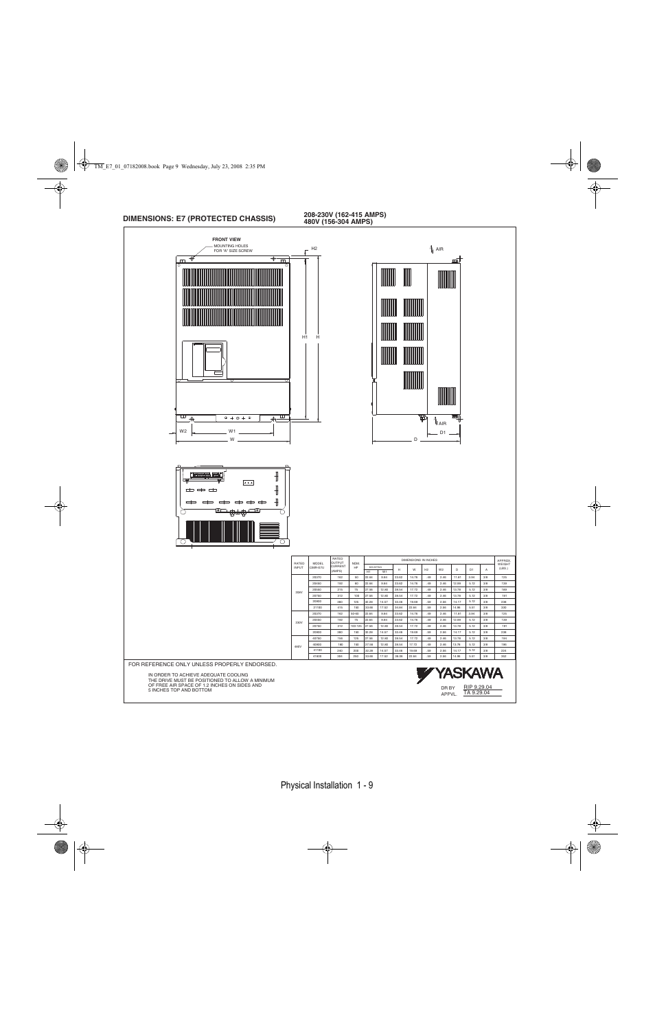 Physical installation 1 - 9, Dimensions: e7 (protected chassis) | Yaskawa E7 Drive User Manual User Manual | Page 19 / 244