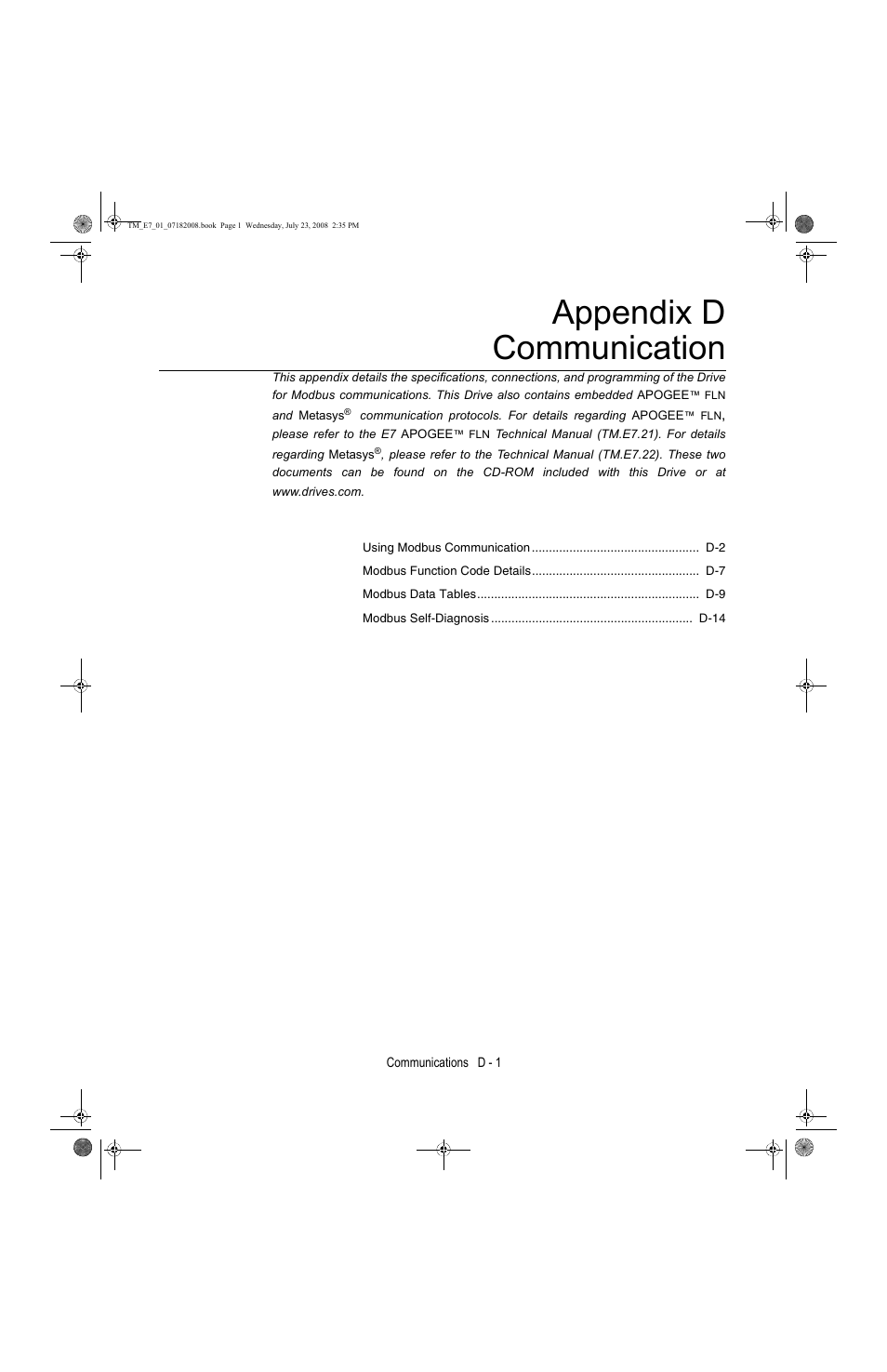 Appendix d - communication, Appendix d communication | Yaskawa E7 Drive User Manual User Manual | Page 209 / 244