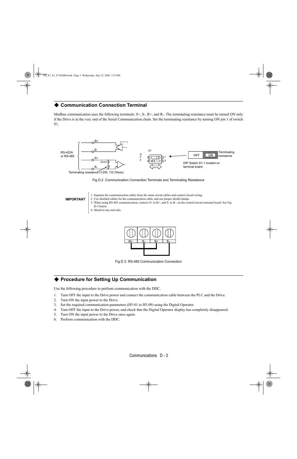 Communication connection terminal, Procedure for setting up communication, Communications d - 3 | Yaskawa E7 Drive User Manual User Manual | Page 211 / 244