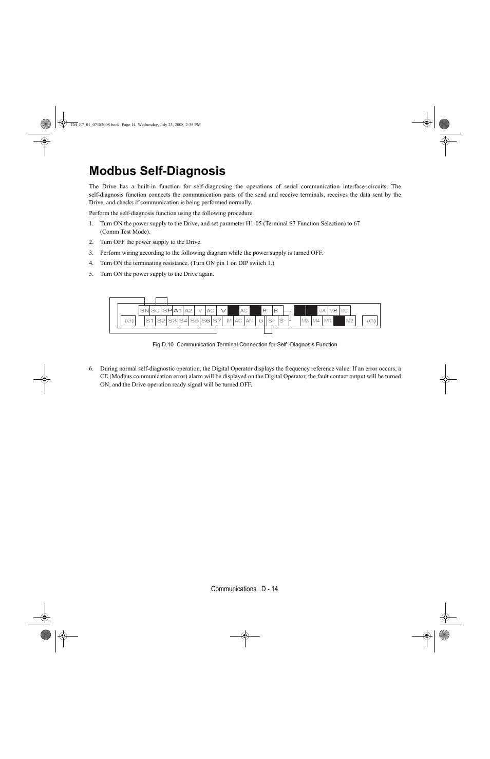 Modbus self-diagnosis | Yaskawa E7 Drive User Manual User Manual | Page 222 / 244