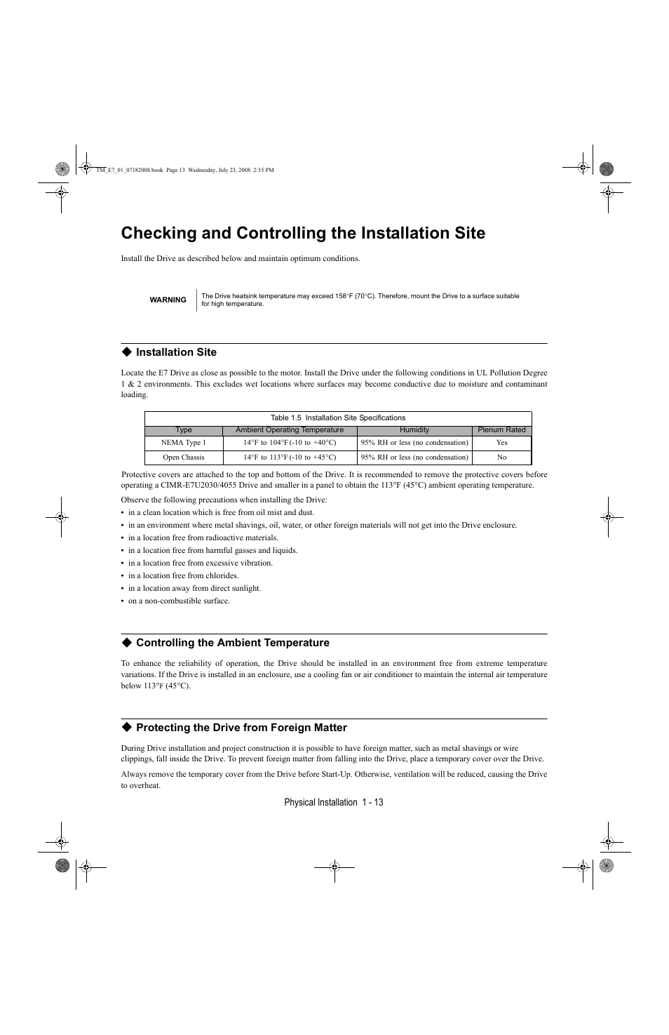 Checking and controlling the installation site, Checking and controlling the installation site -13, Installation site | Controlling the ambient temperature, Protecting the drive from foreign matter, Physical installation 1 - 13 | Yaskawa E7 Drive User Manual User Manual | Page 23 / 244