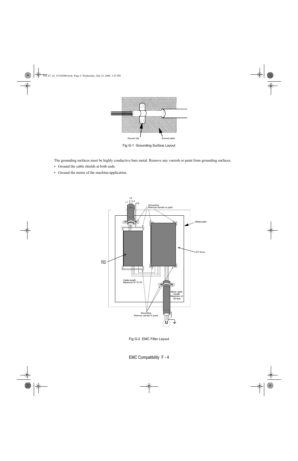 Emc compatibility f - 4, Ground the cable shields at both ends, Ground the motor of the machine/application | Yaskawa E7 Drive User Manual User Manual | Page 232 / 244