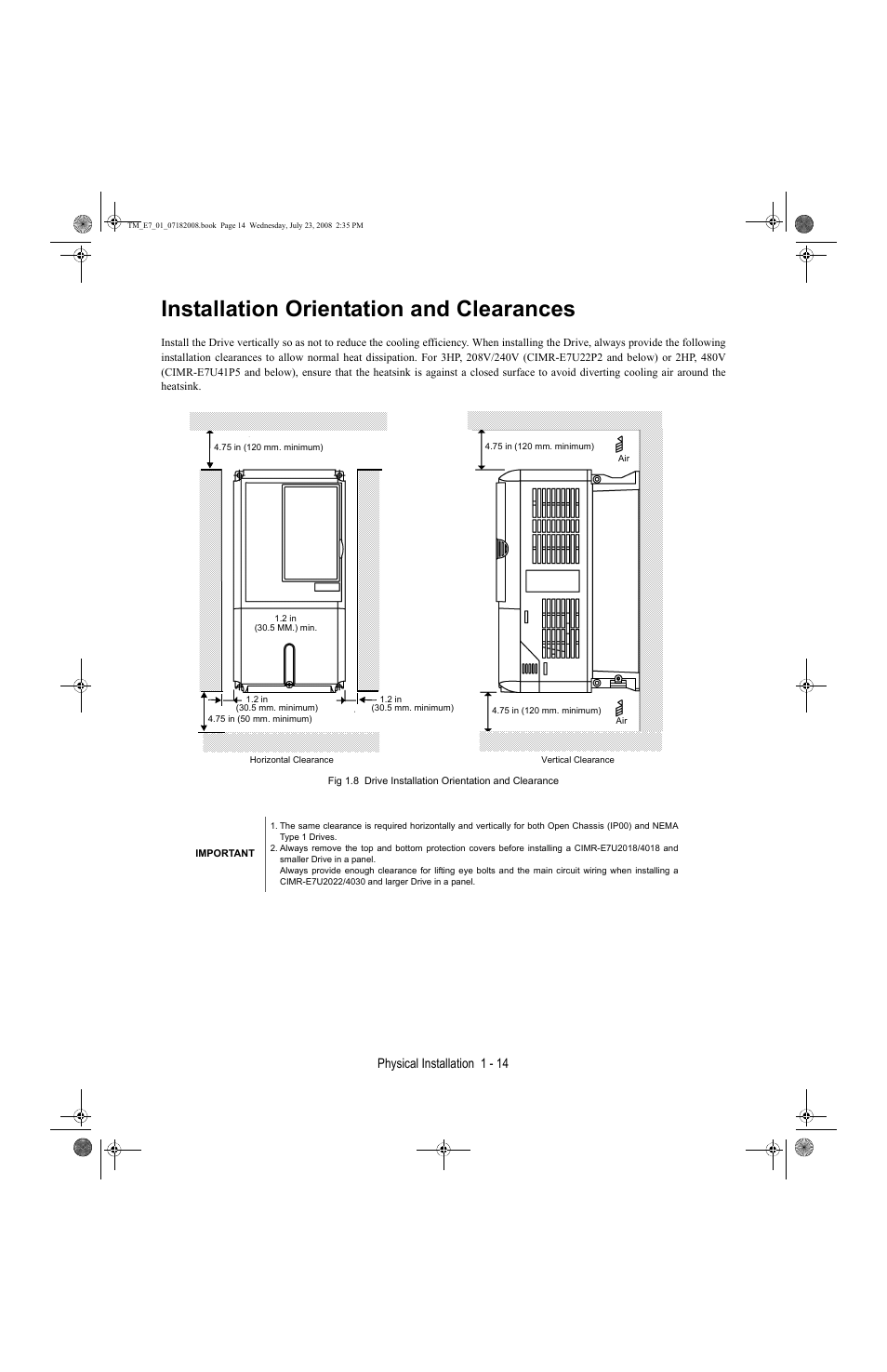 Installation orientation and clearances, Installation orientation and clearances -14, Physical installation 1 - 14 | Yaskawa E7 Drive User Manual User Manual | Page 24 / 244