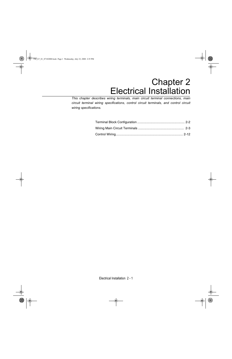 Electrical installation, Chapter 2 - electrical installation -1, Chapter 2 electrical installation | Yaskawa E7 Drive User Manual User Manual | Page 29 / 244