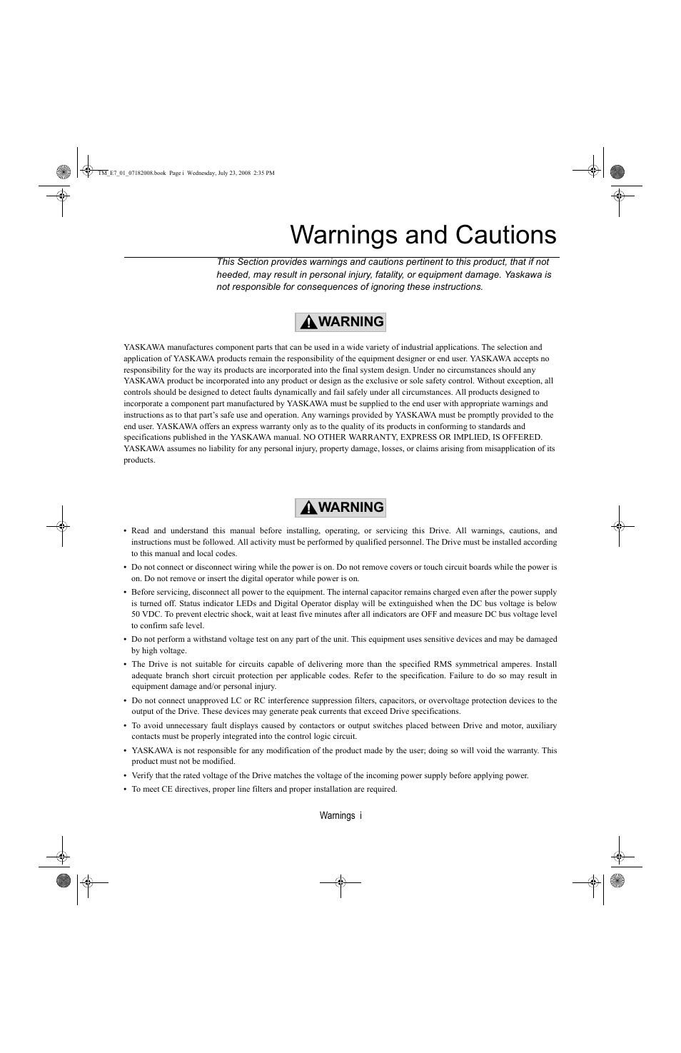 Warnings and cautions, Warning | Yaskawa E7 Drive User Manual User Manual | Page 3 / 244