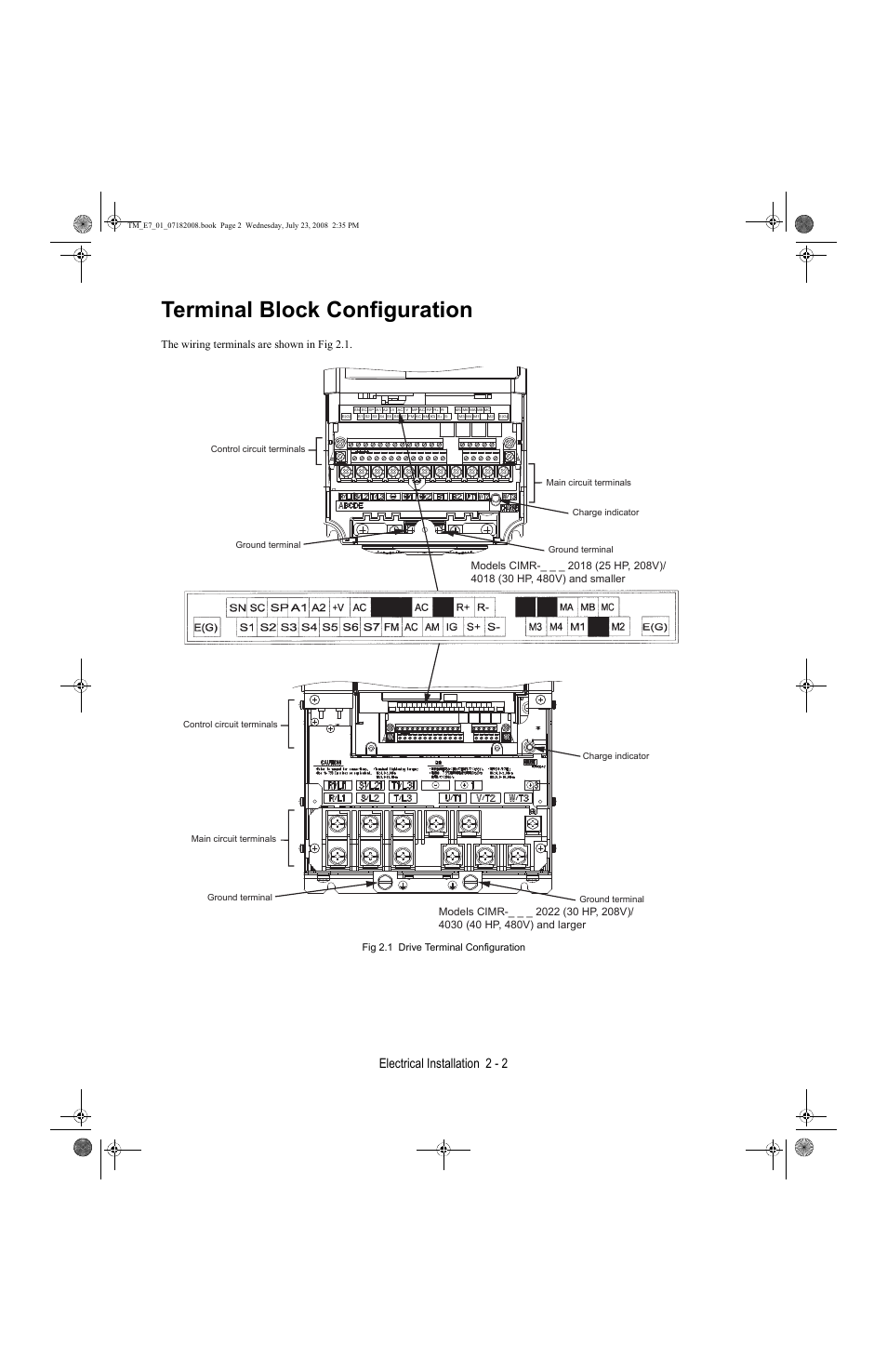 Terminal block configuration, Terminal block configuration -2, Electrical installation 2 - 2 | The wiring terminals are shown in fig 2.1, Fig 2.1 drive terminal configuration, Ground terminal | Yaskawa E7 Drive User Manual User Manual | Page 30 / 244