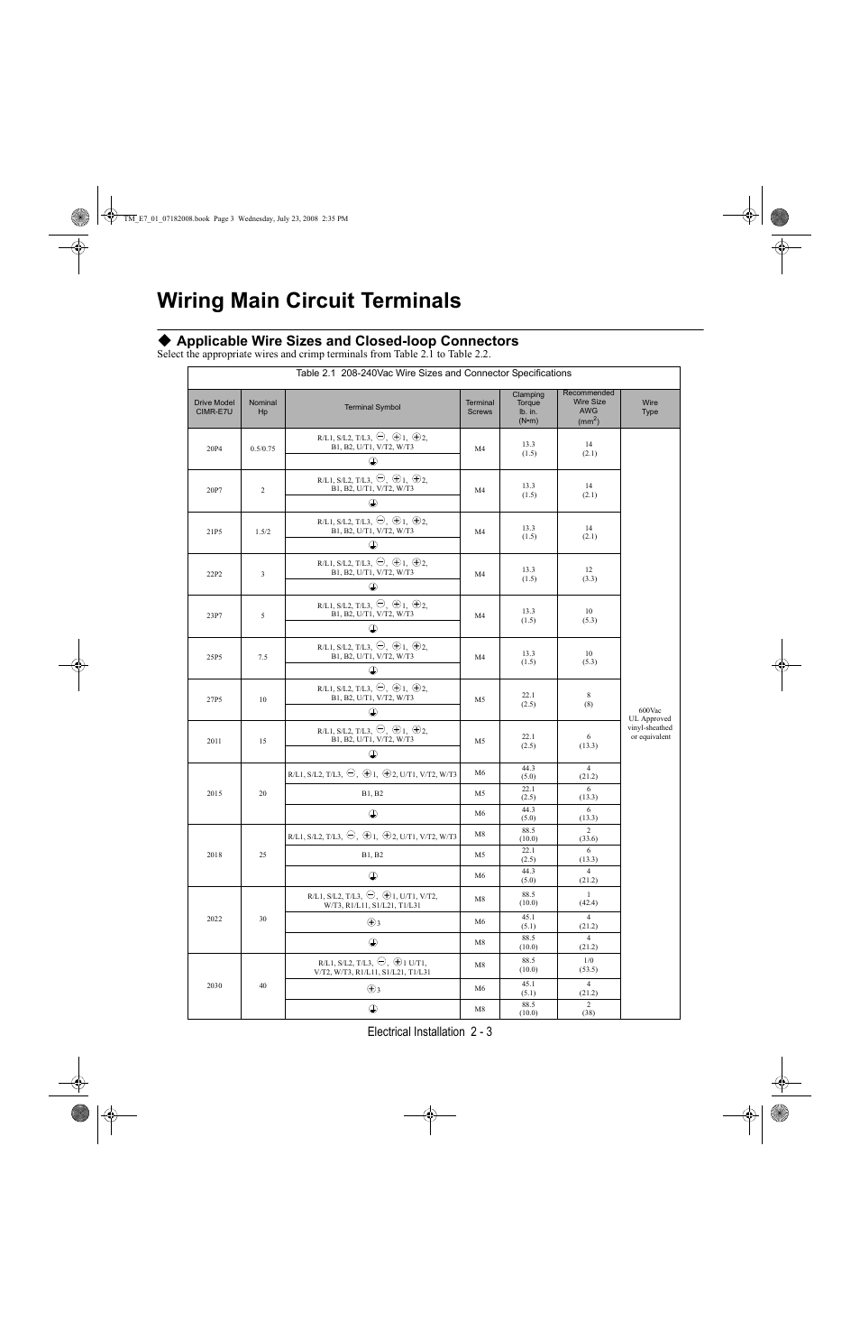 Wiring main circuit terminals, Wiring main circuit terminals -3, Applicable wire sizes and closed-loop connectors | Electrical installation 2 - 3 | Yaskawa E7 Drive User Manual User Manual | Page 31 / 244