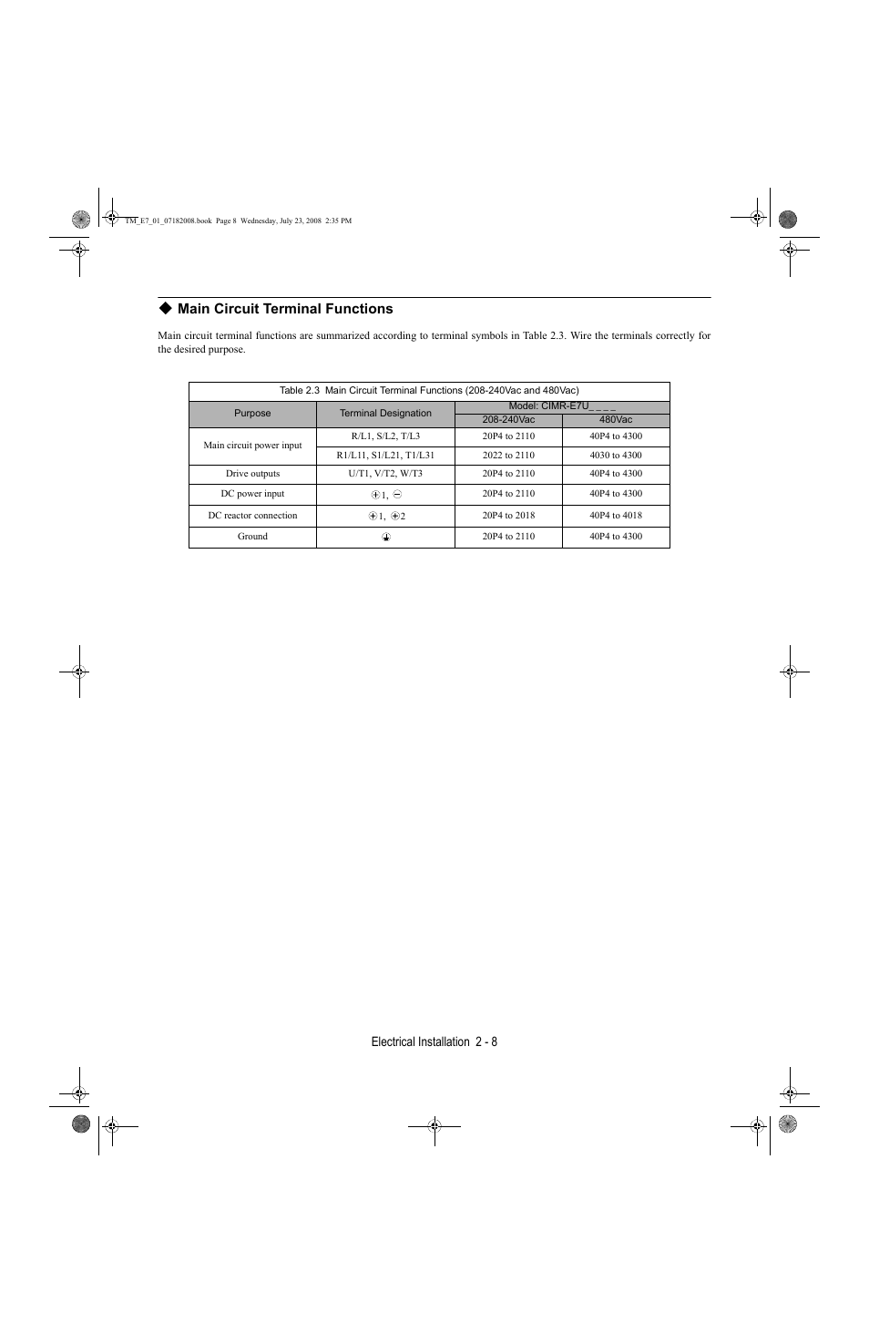 Main circuit terminal functions, Electrical installation 2 - 8 | Yaskawa E7 Drive User Manual User Manual | Page 36 / 244