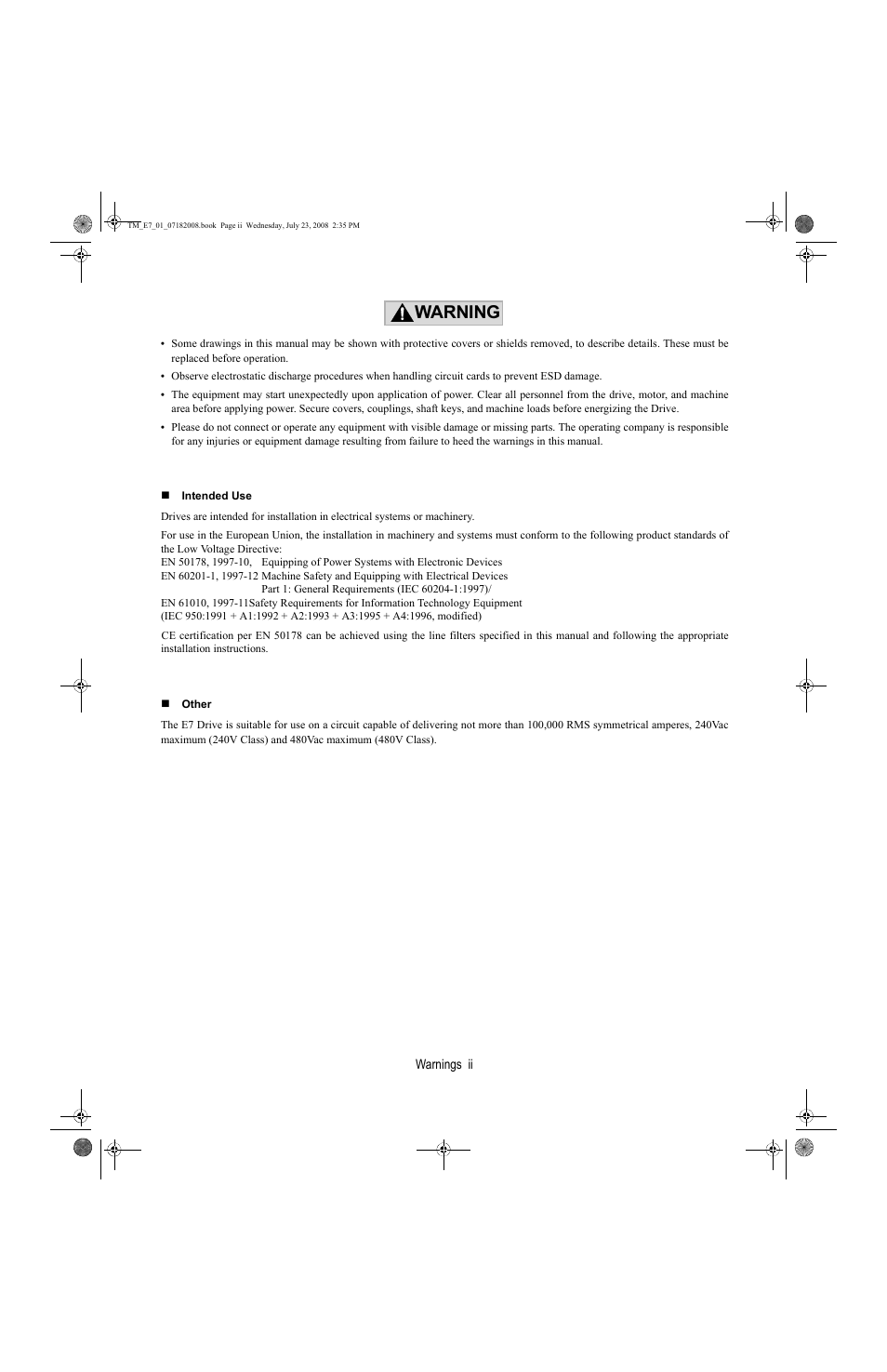 Warning | Yaskawa E7 Drive User Manual User Manual | Page 4 / 244