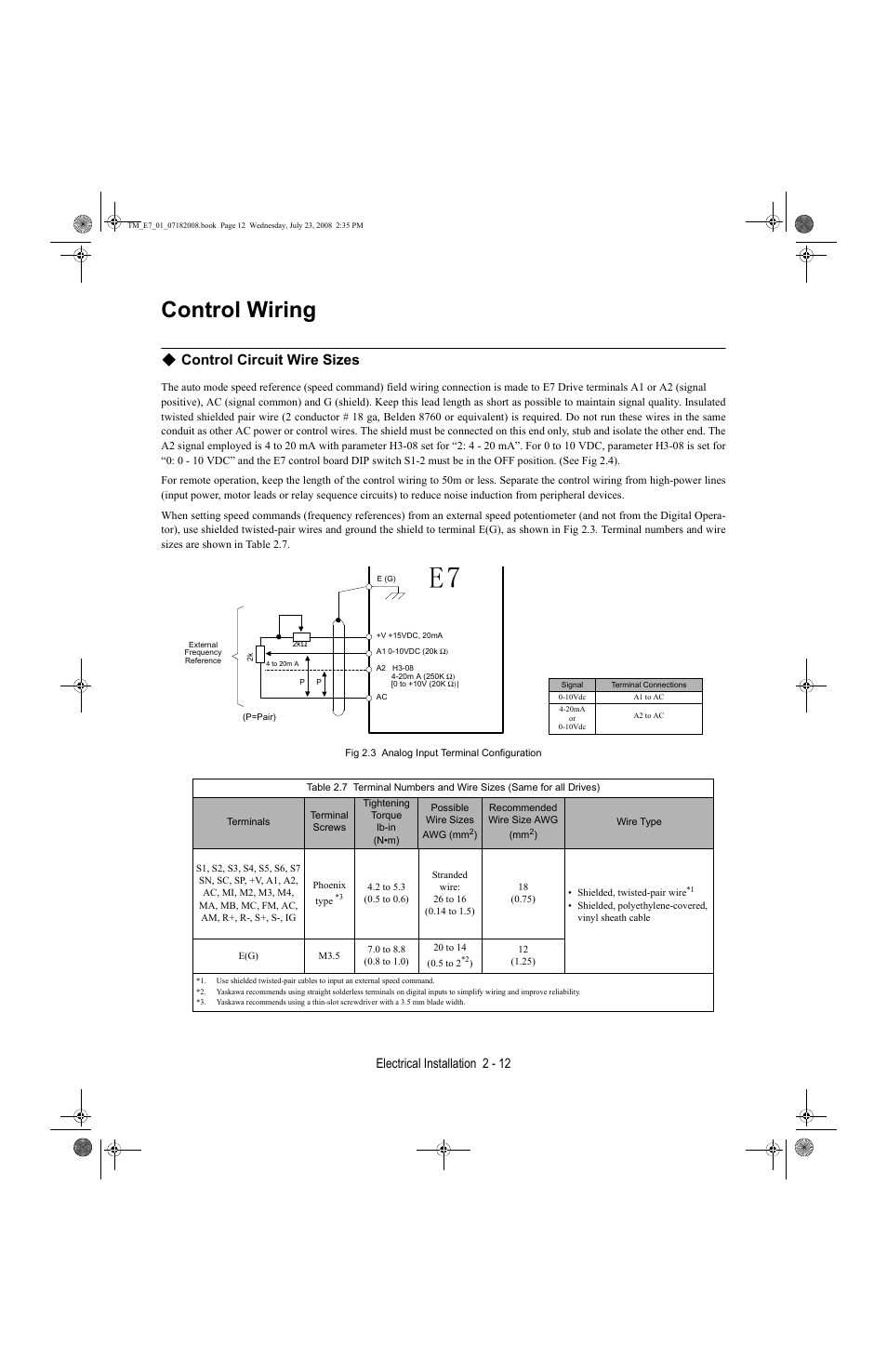 Control wiring, Control wiring -12, Control circuit wire sizes | Electrical installation 2 - 12 | Yaskawa E7 Drive User Manual User Manual | Page 40 / 244