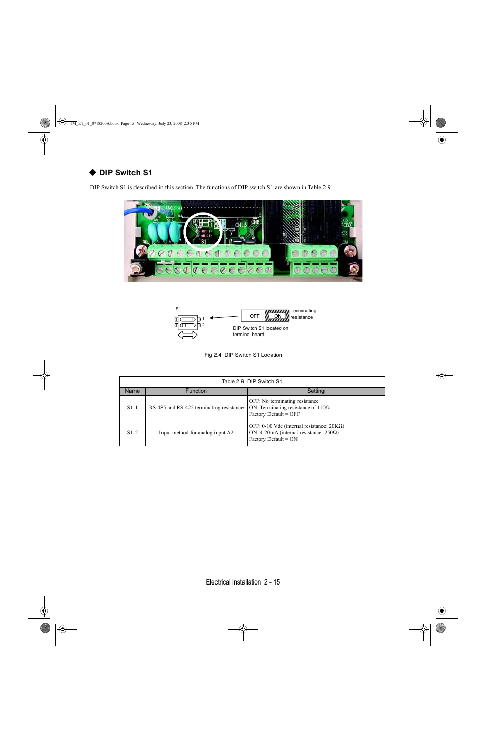 Dip switch s1, Electrical installation 2 - 15 | Yaskawa E7 Drive User Manual User Manual | Page 43 / 244