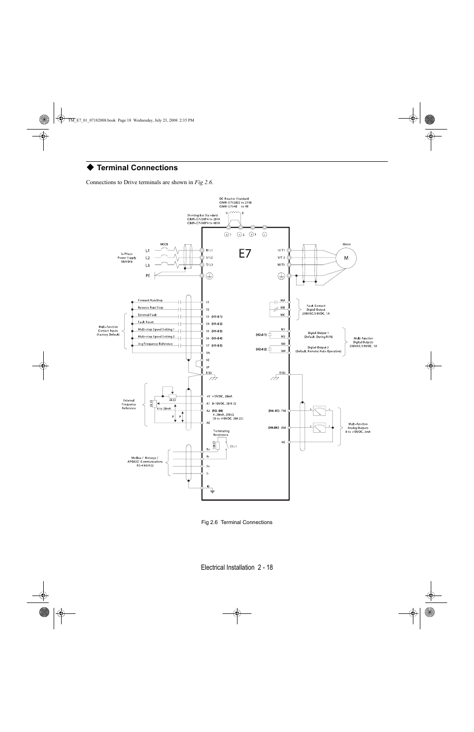 Terminal connections, Electrical installation 2 - 18 | Yaskawa E7 Drive User Manual User Manual | Page 46 / 244