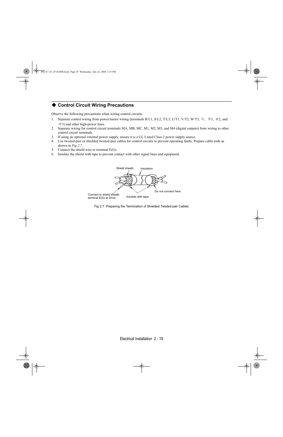 Control circuit wiring precautions | Yaskawa E7 Drive User Manual User Manual | Page 47 / 244