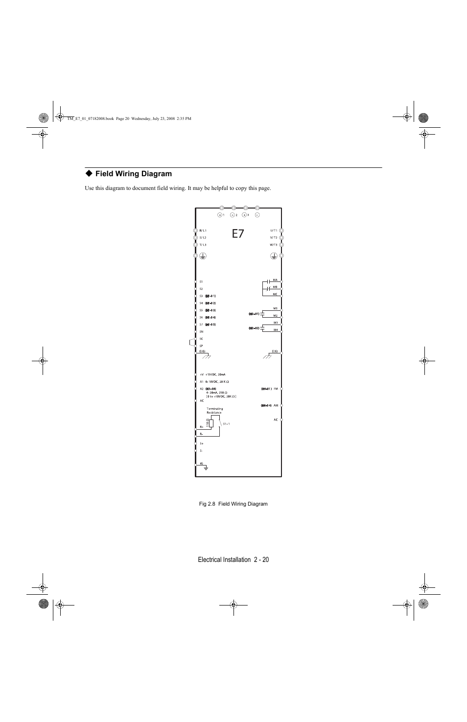 Field wiring diagram, Electrical installation 2 - 20 | Yaskawa E7 Drive User Manual User Manual | Page 48 / 244