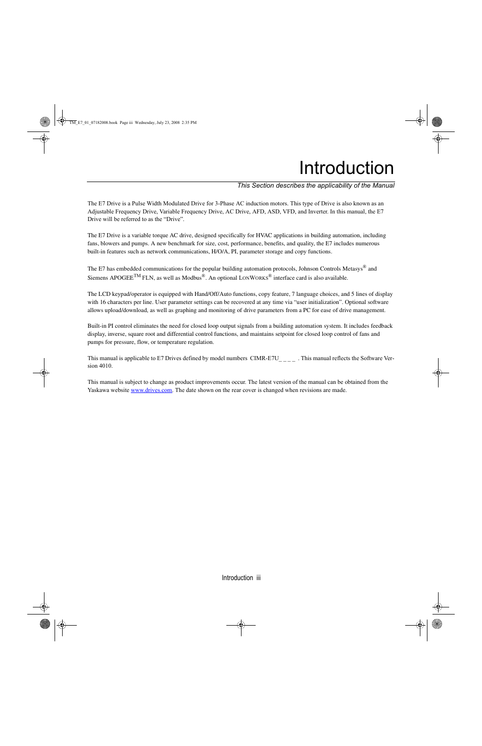 Introduction | Yaskawa E7 Drive User Manual User Manual | Page 5 / 244