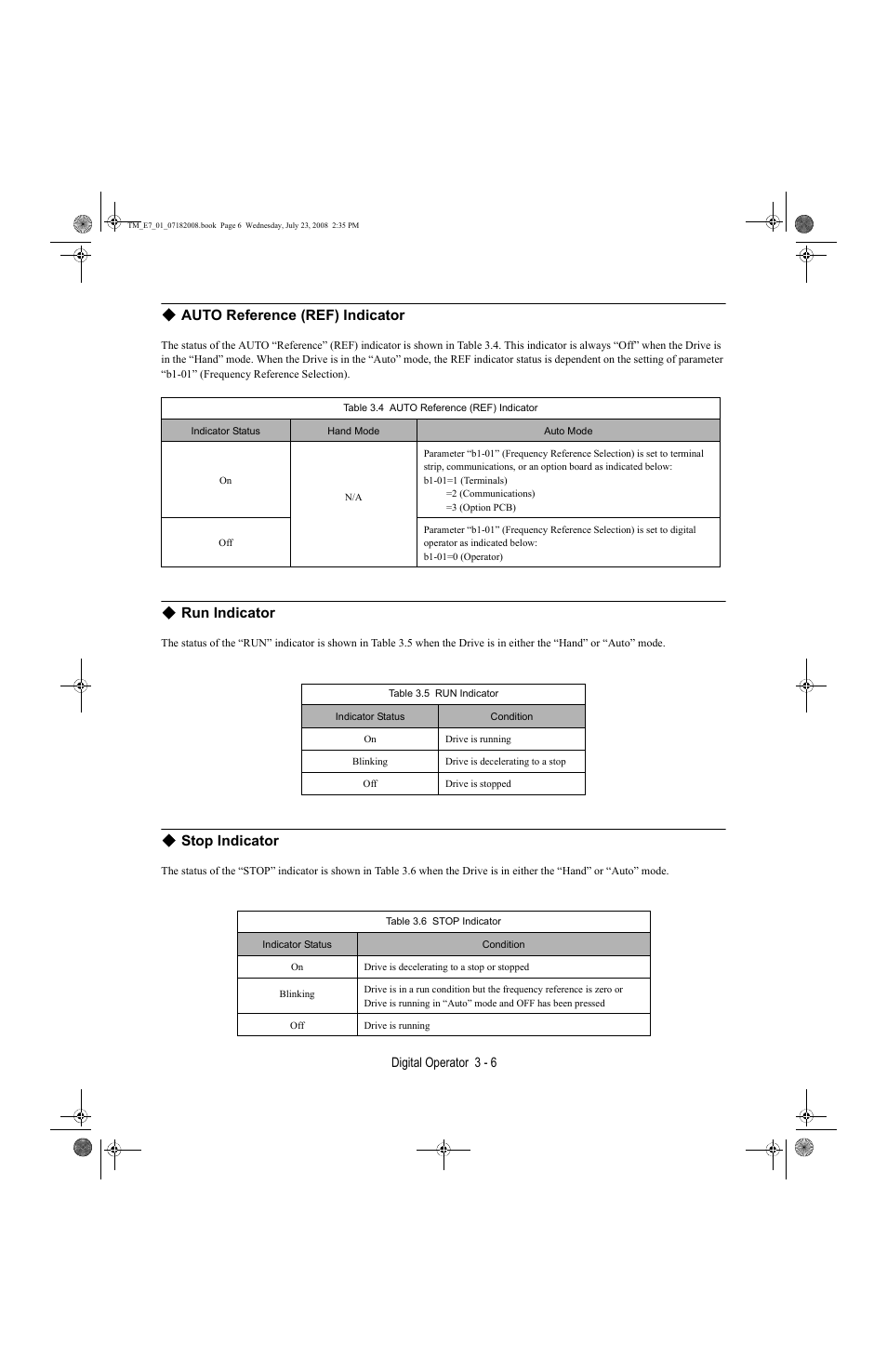 Auto reference (ref) indicator, Run indicator, Stop indicator | Yaskawa E7 Drive User Manual User Manual | Page 54 / 244