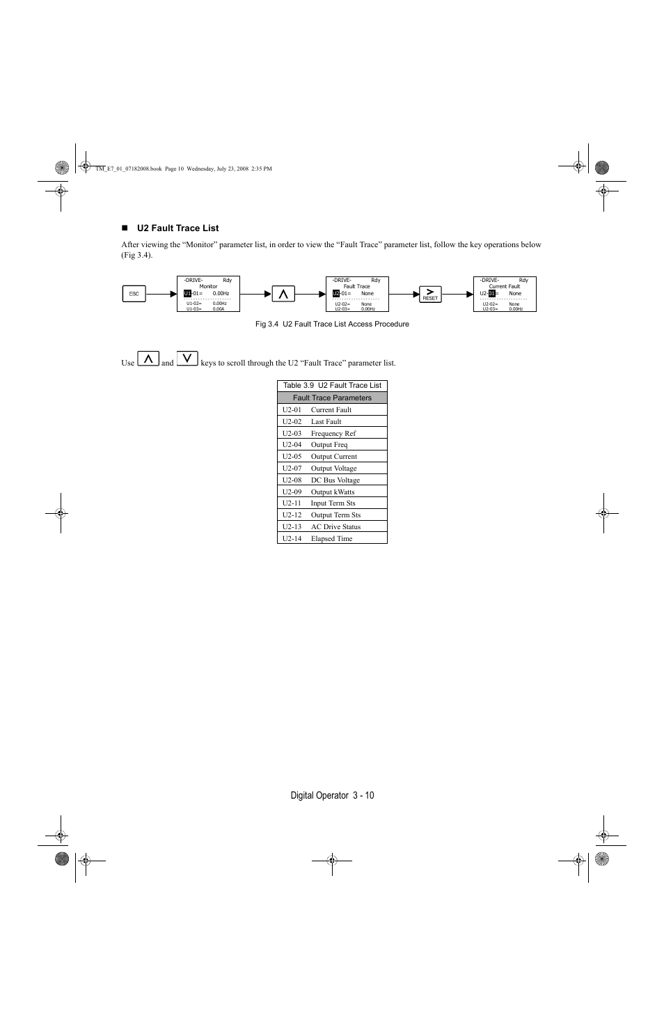 Digital operator 3 - 10, U2 fault trace list | Yaskawa E7 Drive User Manual User Manual | Page 58 / 244