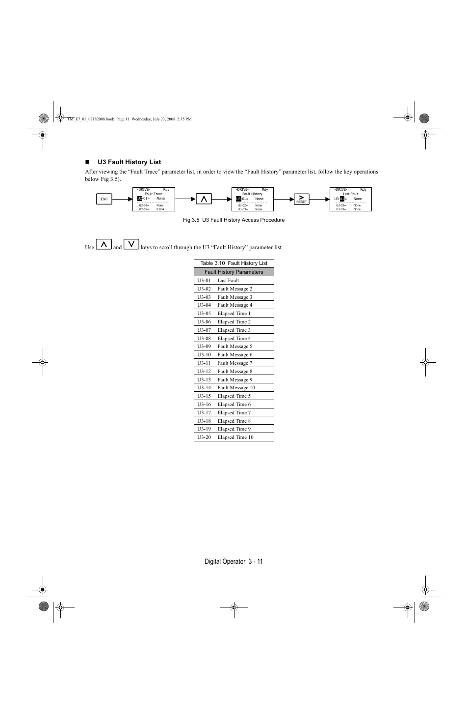 Digital operator 3 - 11, U3 fault history list | Yaskawa E7 Drive User Manual User Manual | Page 59 / 244