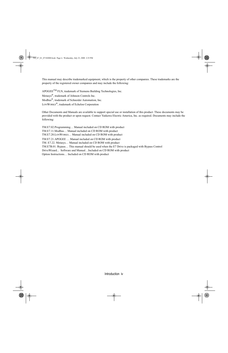 Introduction iv | Yaskawa E7 Drive User Manual User Manual | Page 6 / 244