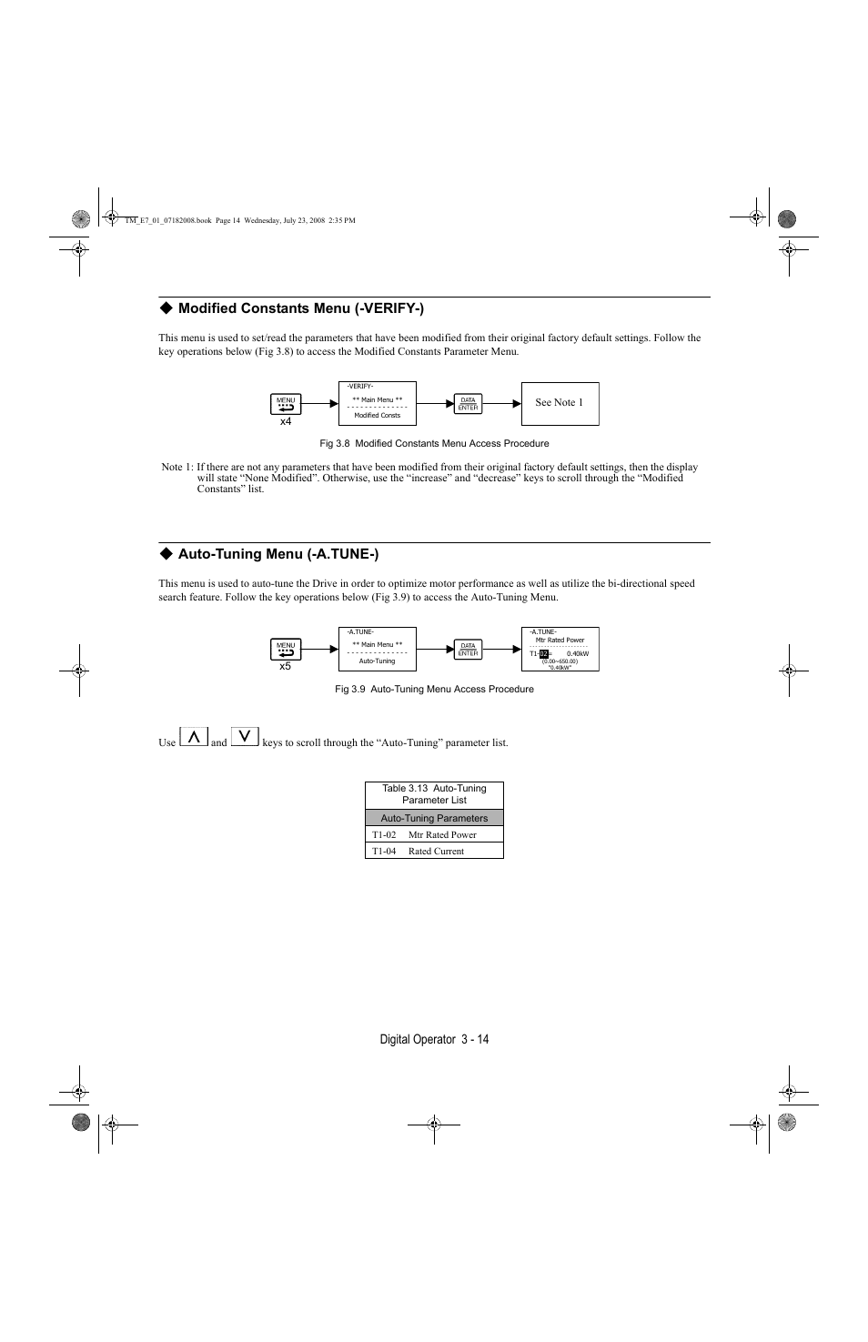 Modified constants menu (-verify-), Auto-tuning menu (-a.tune-), Digital operator 3 - 14 | Yaskawa E7 Drive User Manual User Manual | Page 62 / 244