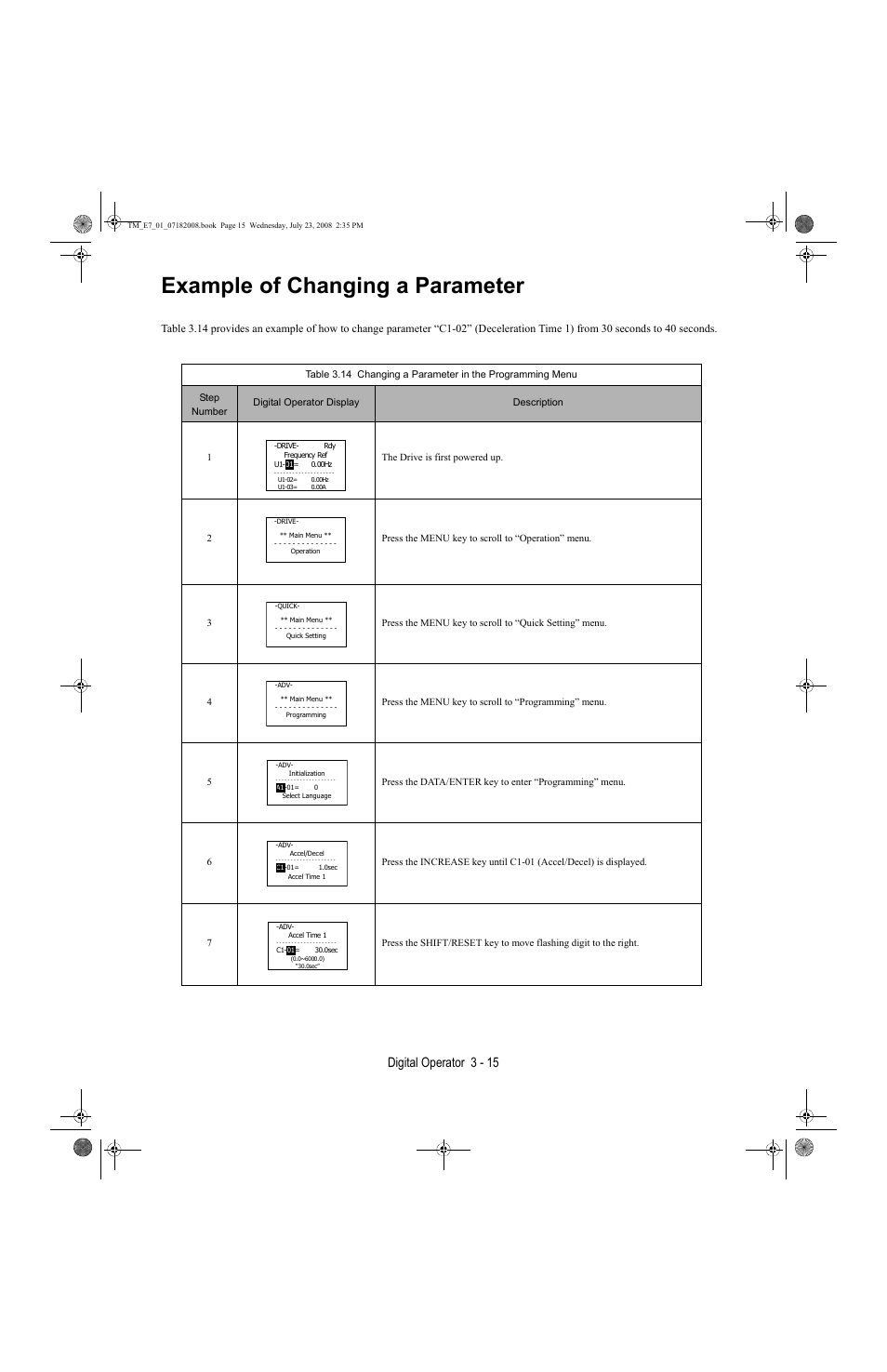 Example of changing a parameter, Example of changing a parameter -15, Digital operator 3 - 15 | Yaskawa E7 Drive User Manual User Manual | Page 63 / 244